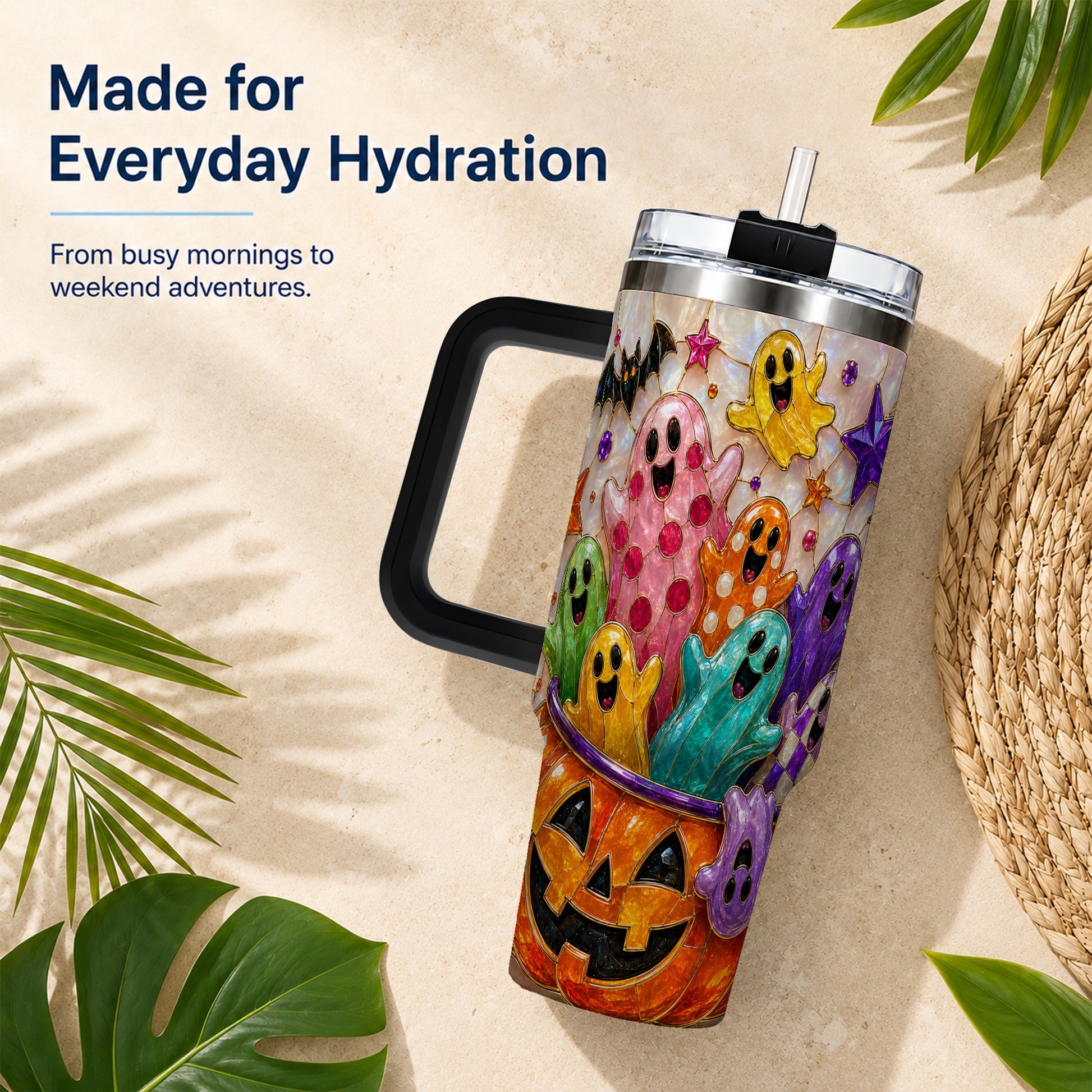 #pl[40oz|Black] Cute Ghost 40oz Tumbler with Handle, Stainless Steel Travel Cup