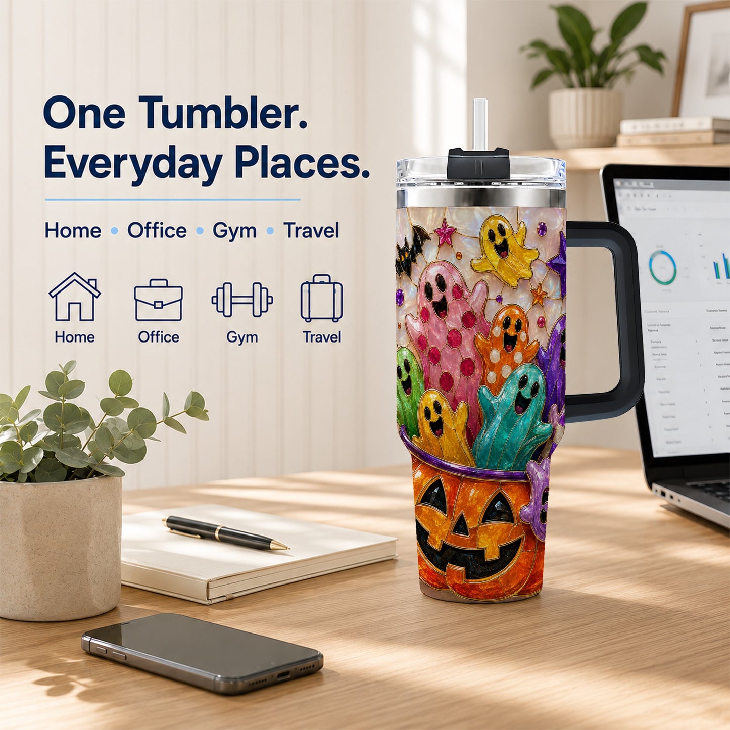 #pl[40oz|Black] Cute Ghost 40oz Tumbler with Handle, Stainless Steel Travel Cup