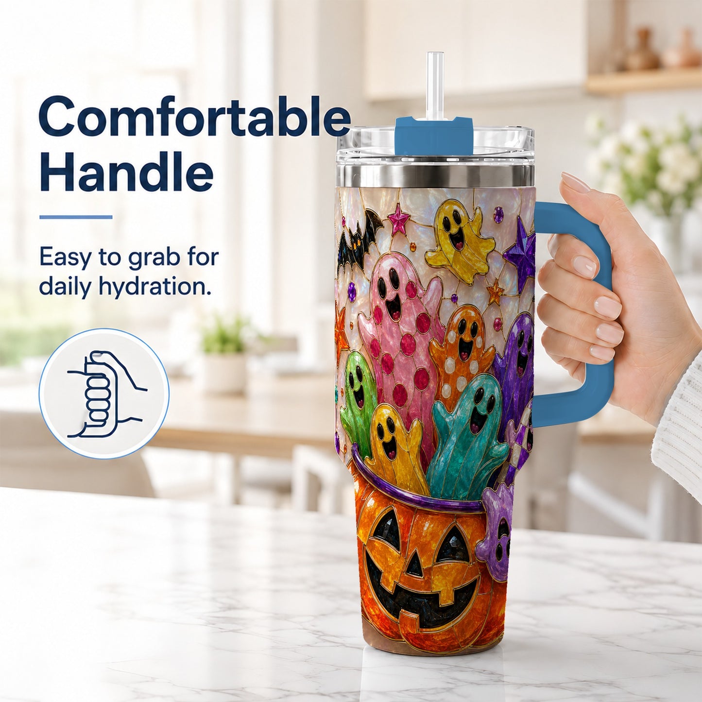 #pl[40oz|Blue] Cute Ghost 40oz Tumbler with Handle, Stainless Steel Travel Cup