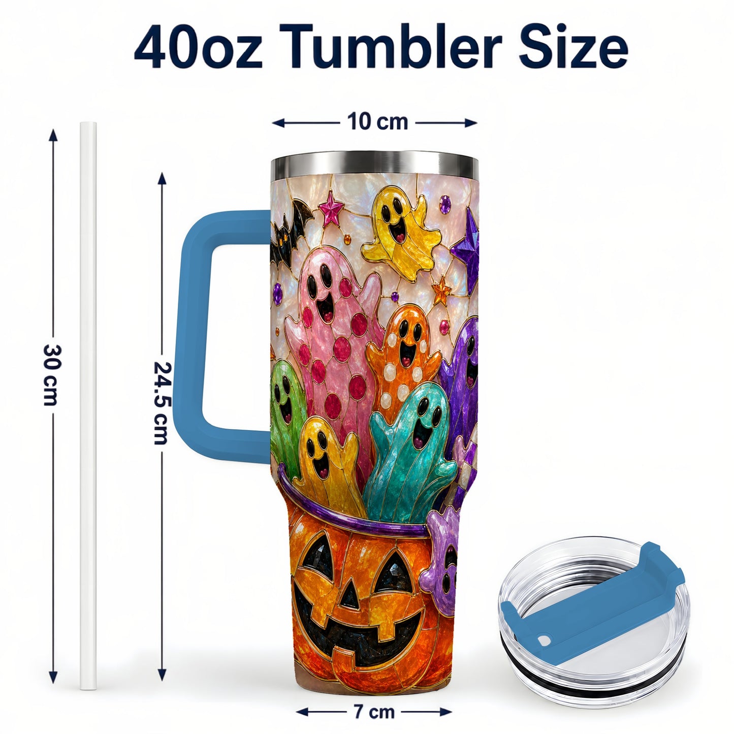 #pl[40oz|Blue] Cute Ghost 40oz Tumbler with Handle, Stainless Steel Travel Cup