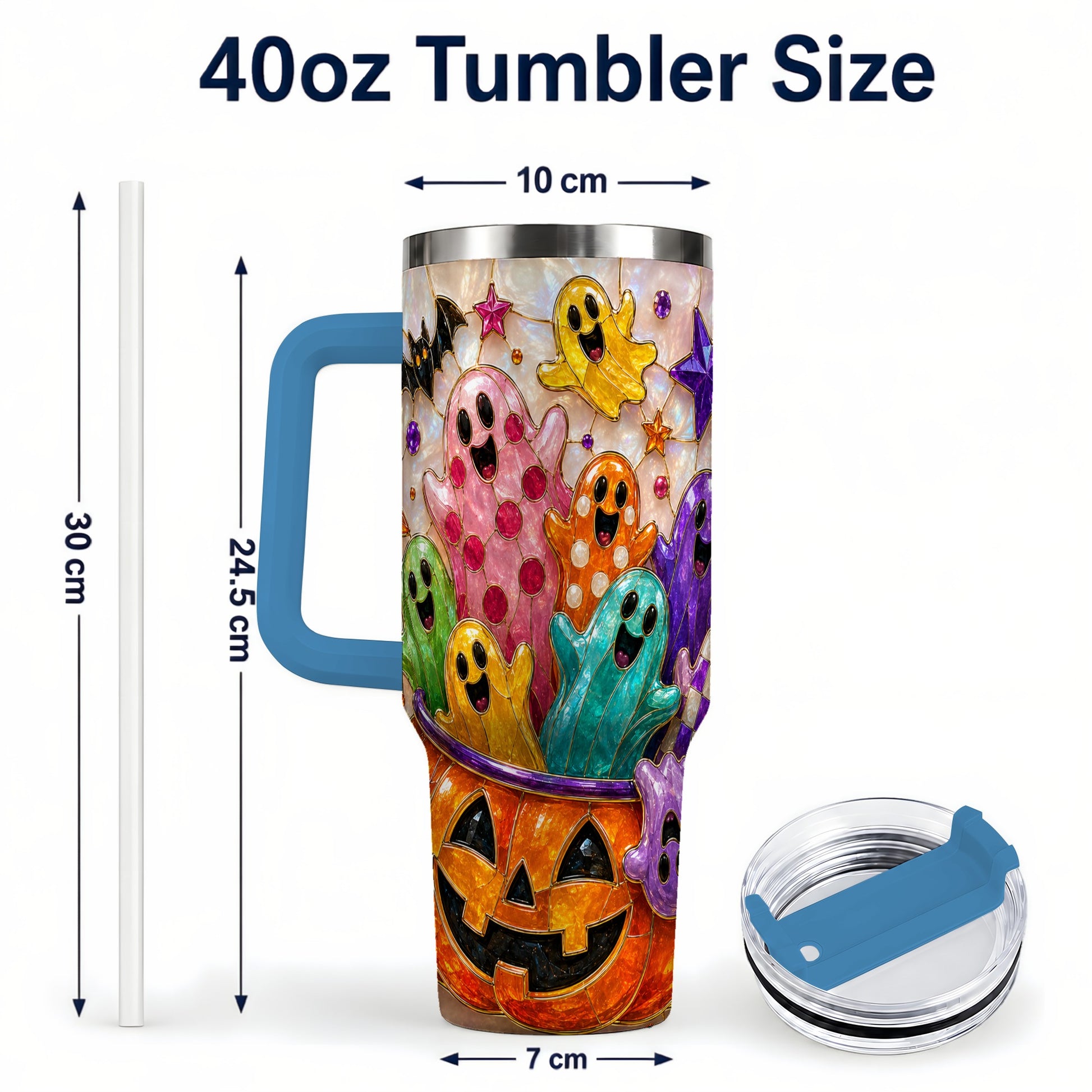 #pl[40oz|Blue] Cute Ghost 40oz Tumbler with Handle, Stainless Steel Travel Cup