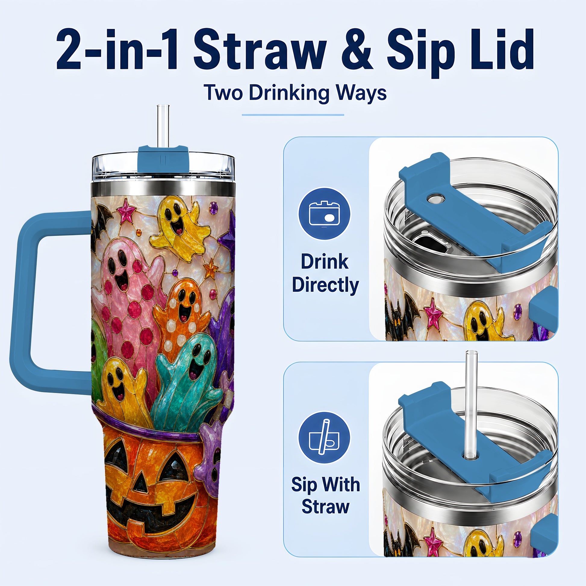 #pl[40oz|Blue] Cute Ghost 40oz Tumbler with Handle, Stainless Steel Travel Cup
