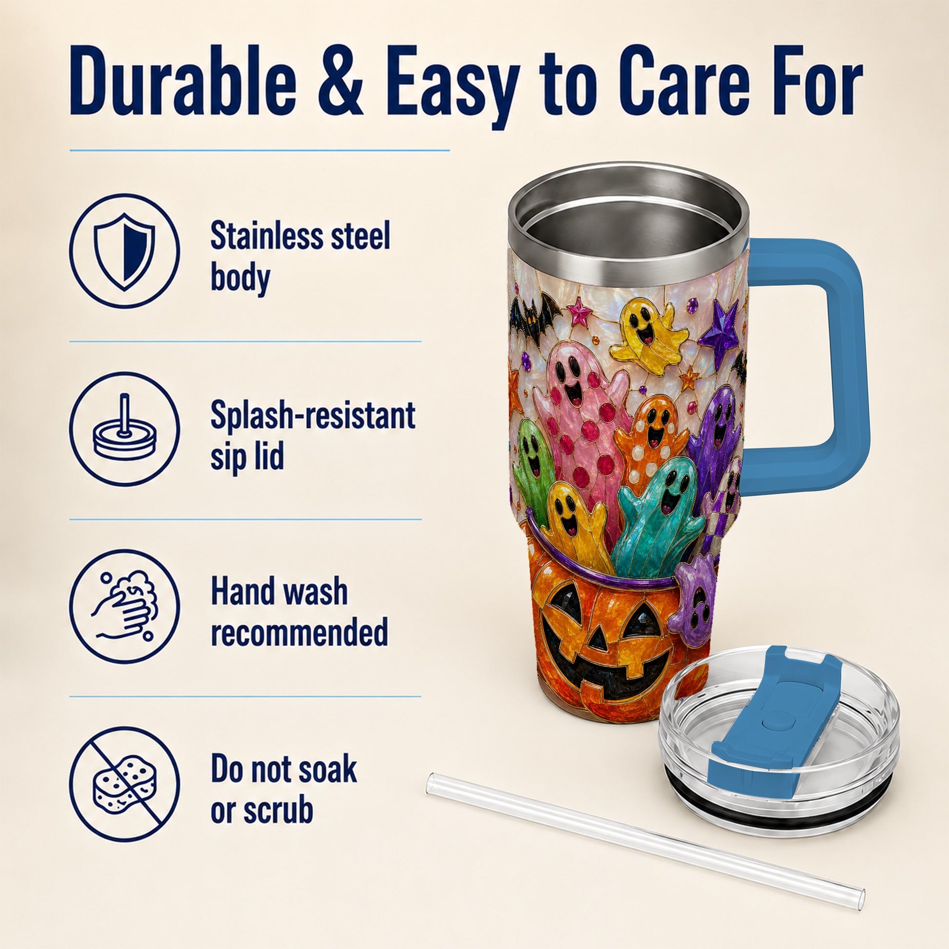 #pl[40oz|Blue] Cute Ghost 40oz Tumbler with Handle, Stainless Steel Travel Cup