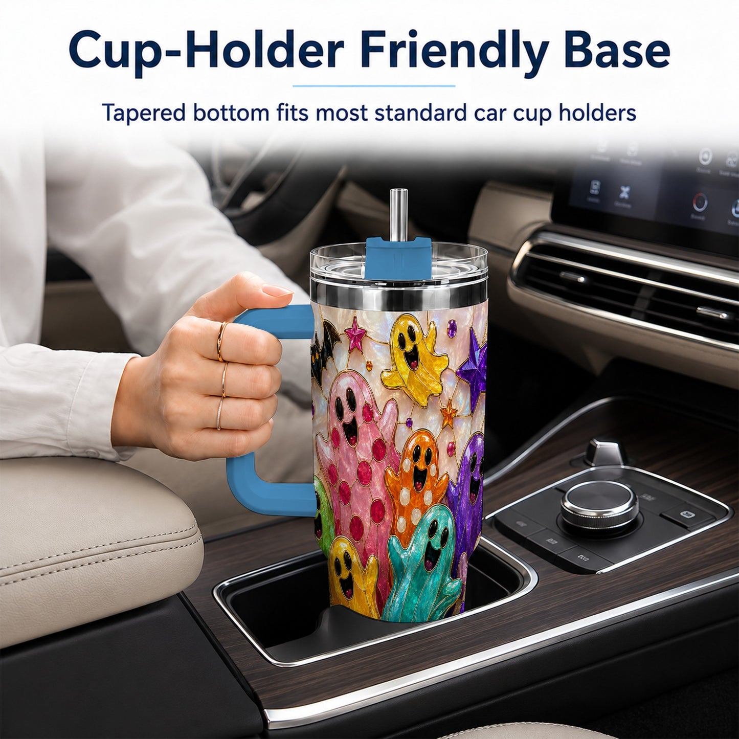 #pl[40oz|Blue] Cute Ghost 40oz Tumbler with Handle, Stainless Steel Travel Cup