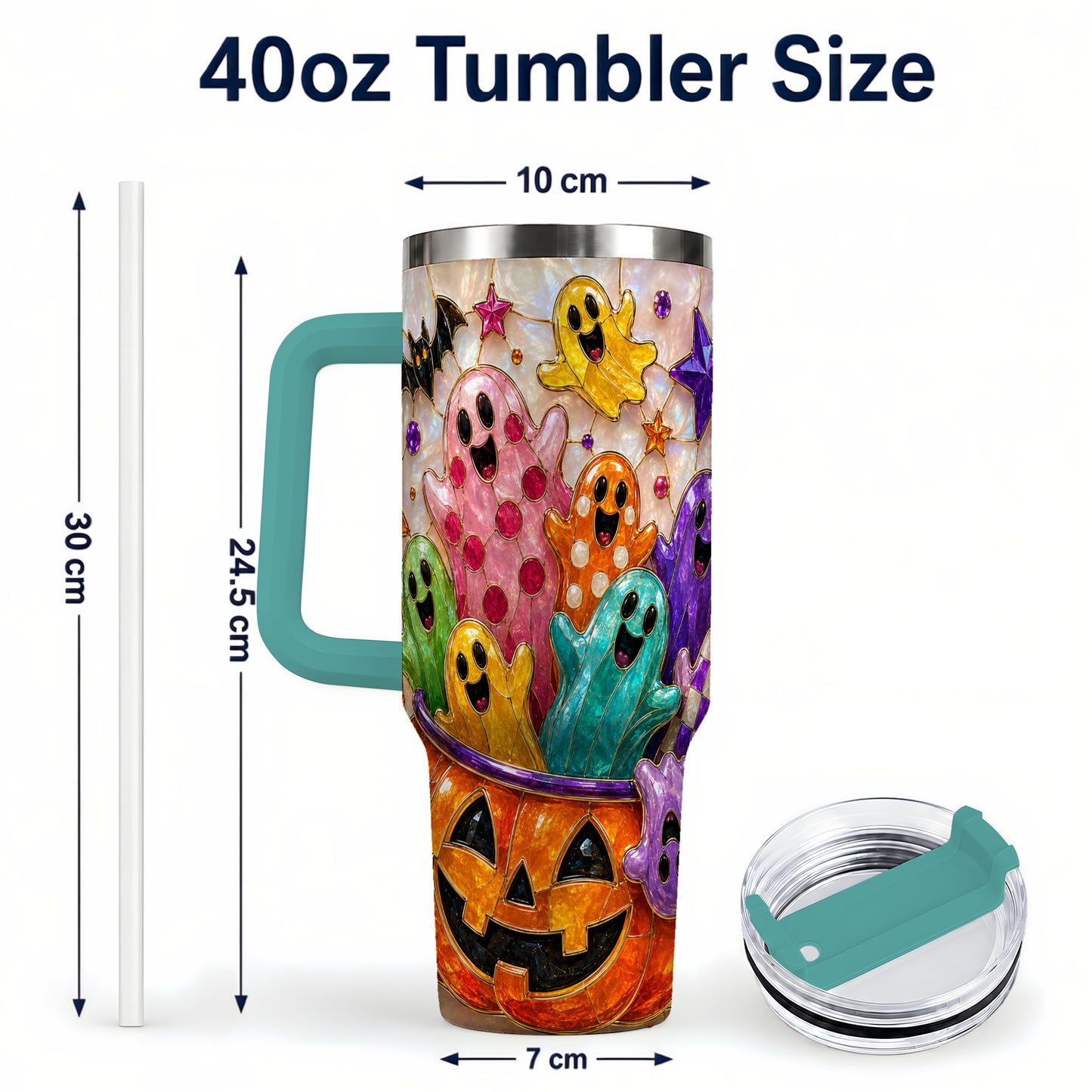 #pl[40oz|Green] Cute Ghost 40oz Tumbler with Handle, Stainless Steel Travel Cup