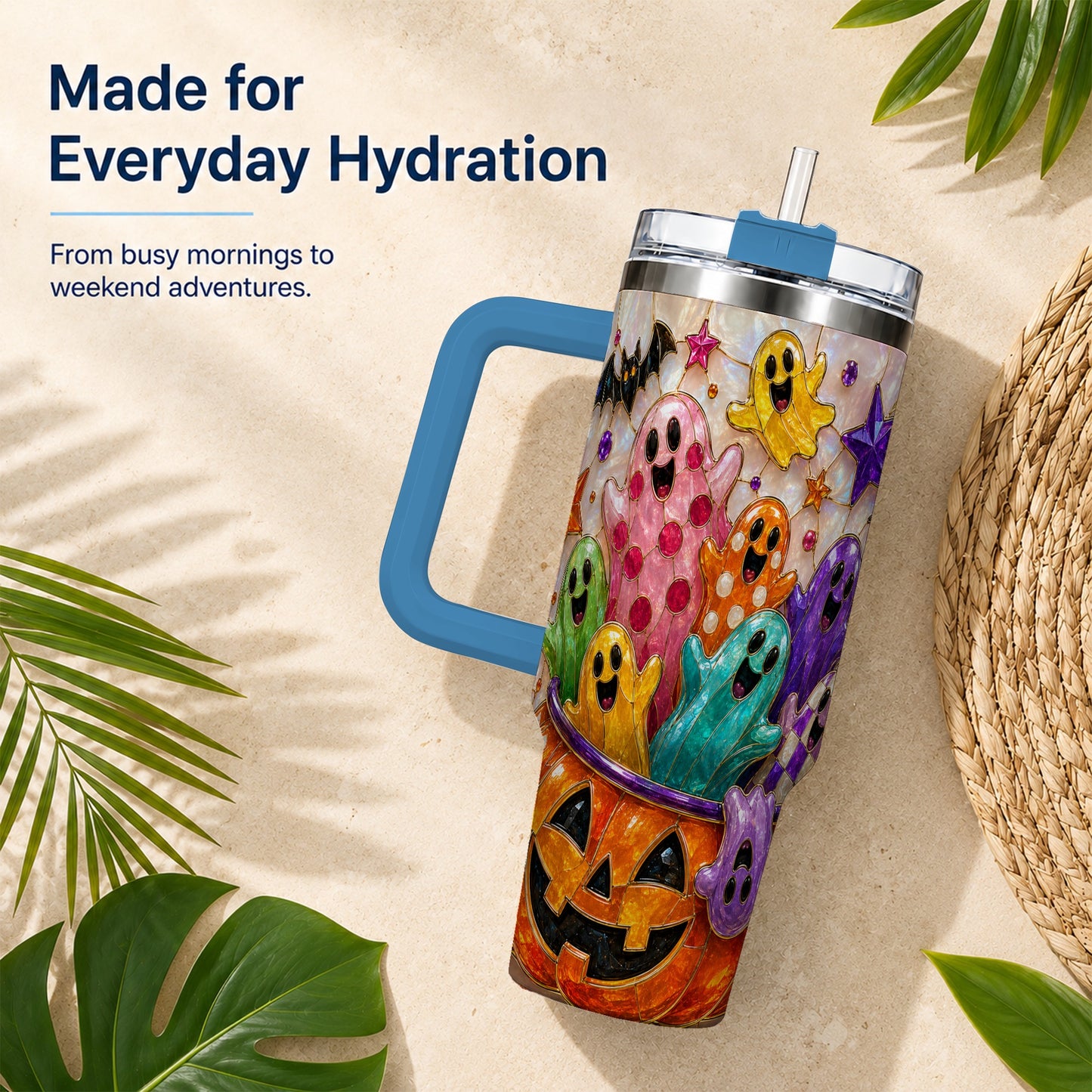 #pl[40oz|Blue] Cute Ghost 40oz Tumbler with Handle, Stainless Steel Travel Cup