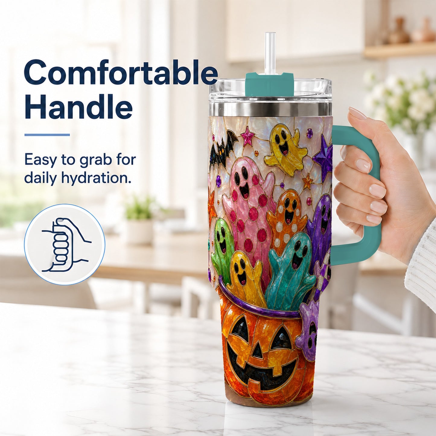 #pl[40oz|Green] Cute Ghost 40oz Tumbler with Handle, Stainless Steel Travel Cup