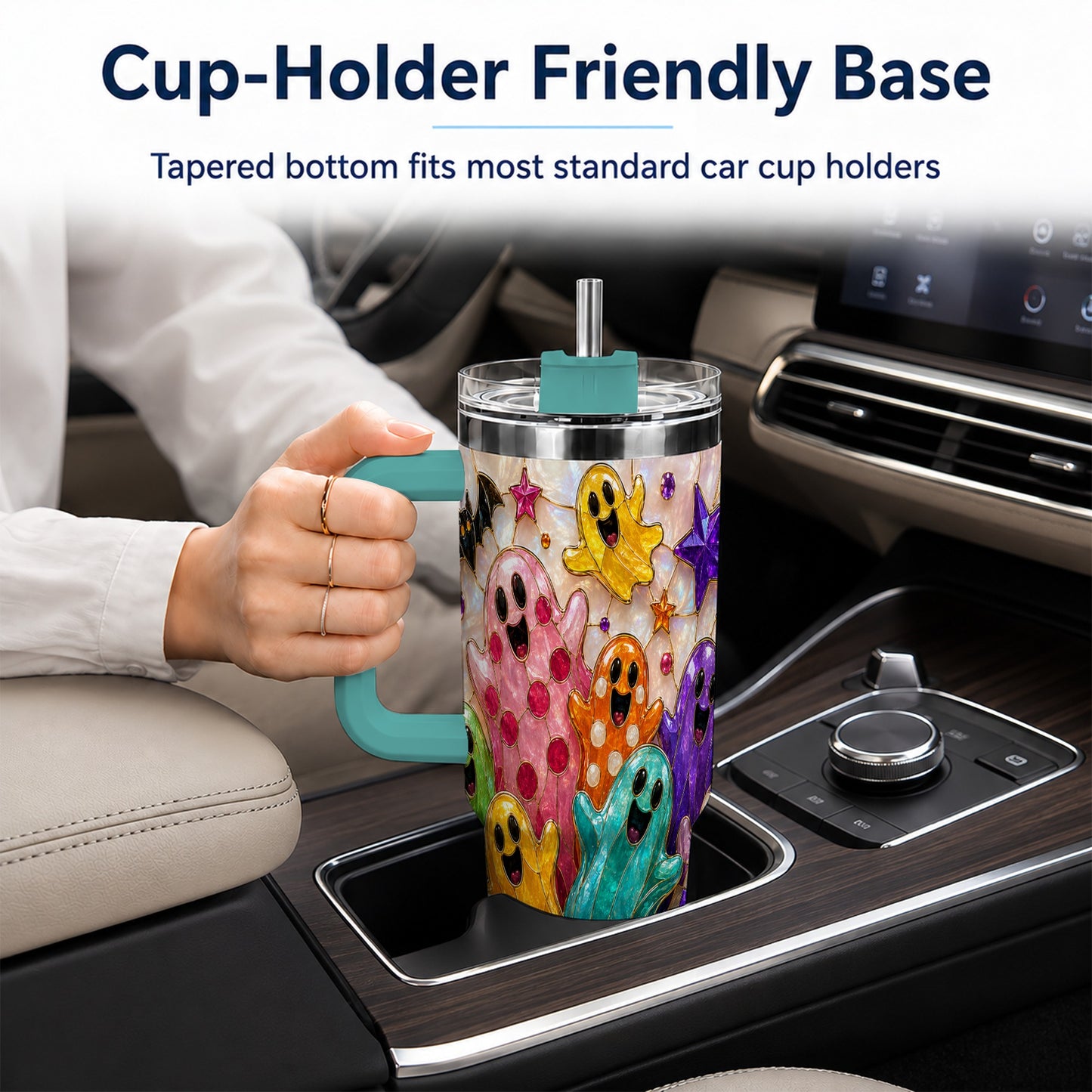 #pl[40oz|Green] Cute Ghost 40oz Tumbler with Handle, Stainless Steel Travel Cup