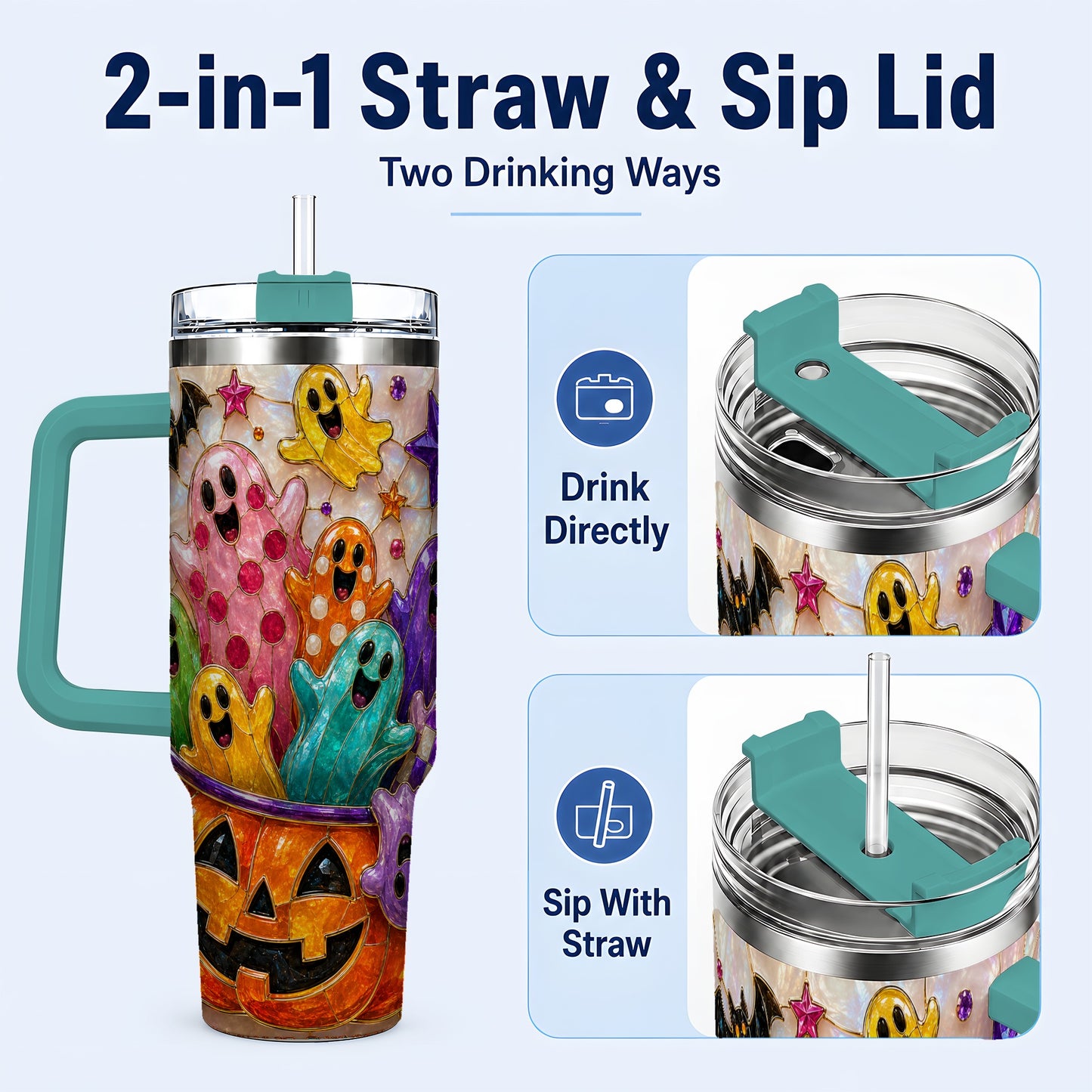 #pl[40oz|Green] Cute Ghost 40oz Tumbler with Handle, Stainless Steel Travel Cup