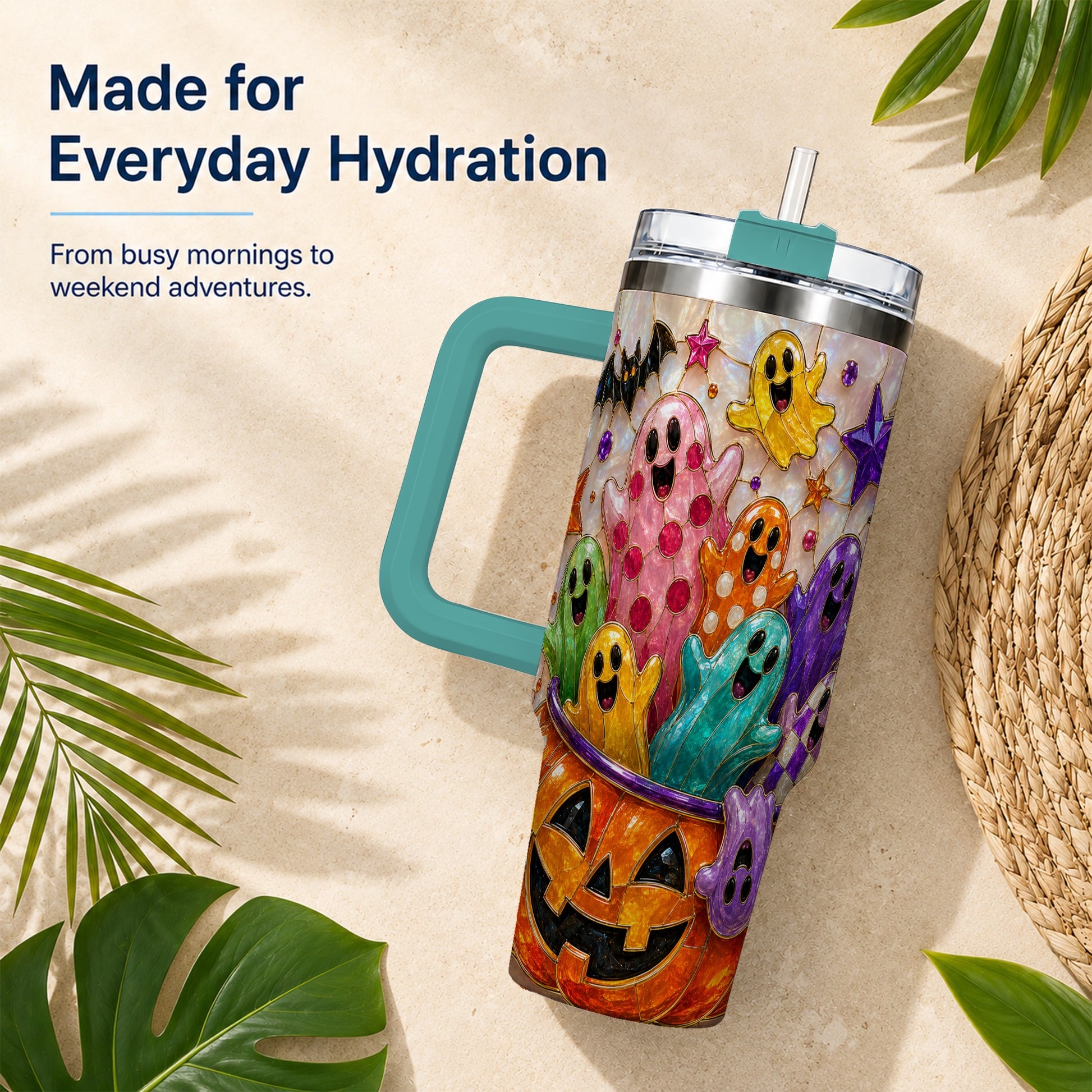 #pl[40oz|Green] Cute Ghost 40oz Tumbler with Handle, Stainless Steel Travel Cup