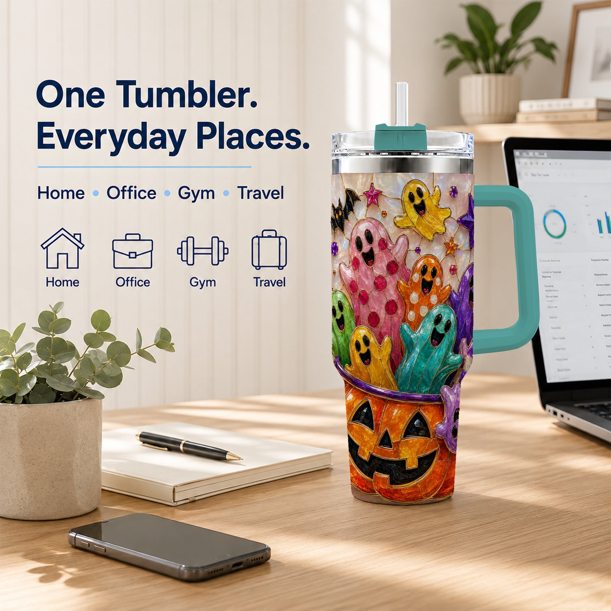 #pl[40oz|Green] Cute Ghost 40oz Tumbler with Handle, Stainless Steel Travel Cup