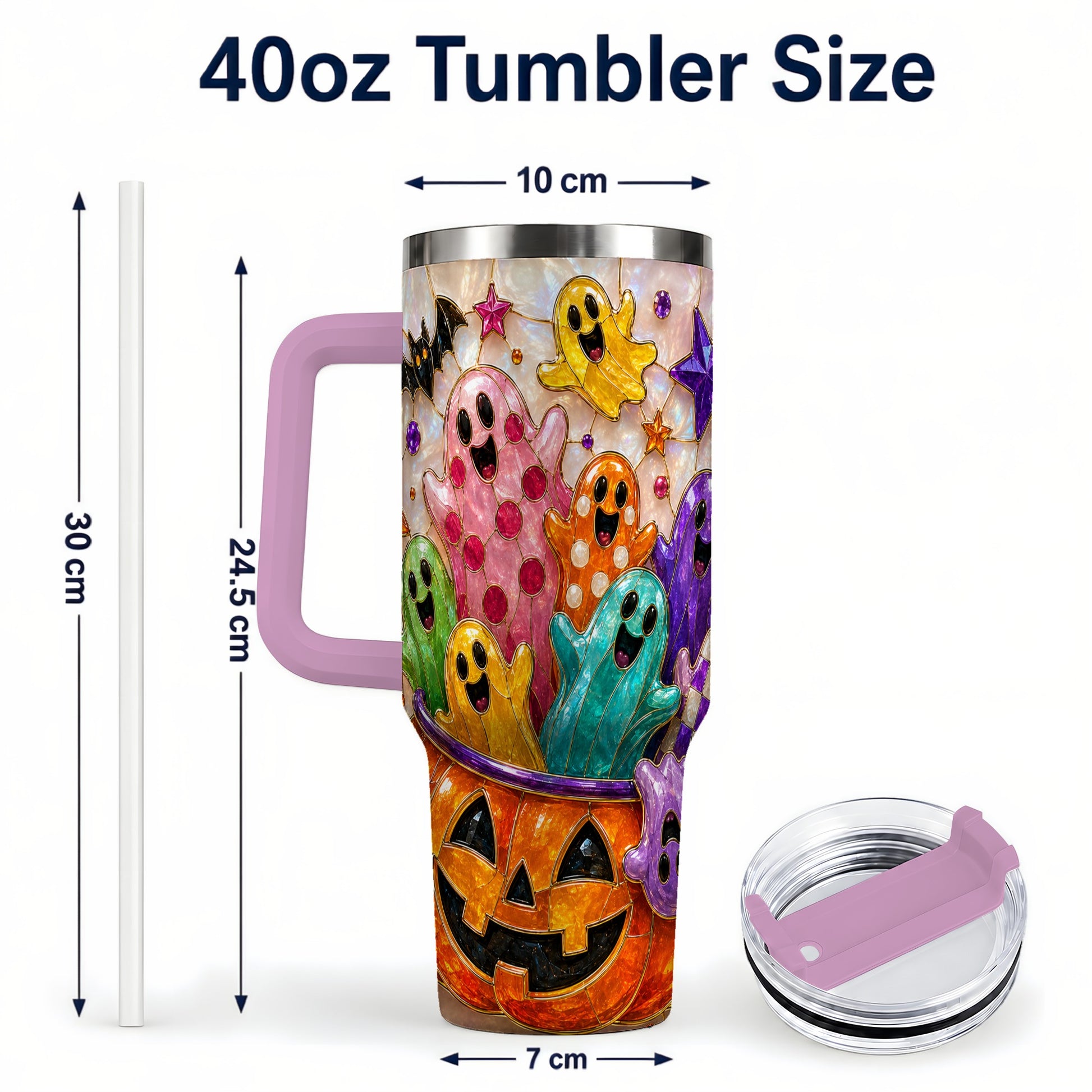 #pl[40oz|Pink] Cute Ghost 40oz Tumbler with Handle, Stainless Steel Travel Cup