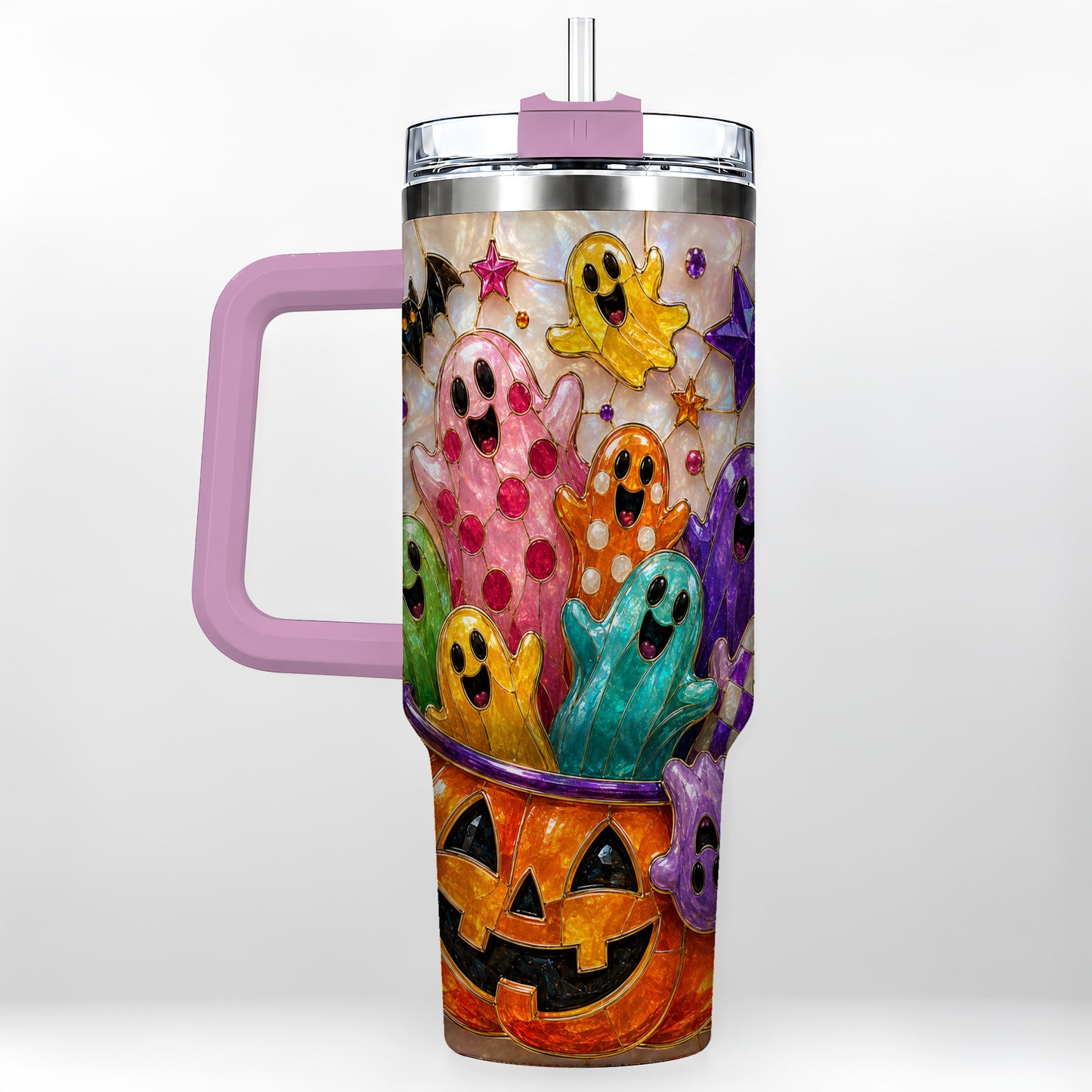 #pl[40oz|Pink] Cute Ghost 40oz Tumbler with Handle, Stainless Steel Travel Cup