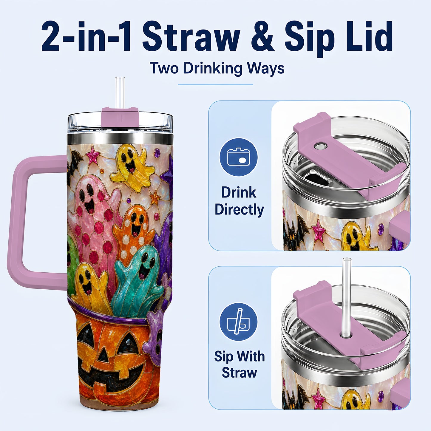 #pl[40oz|Pink] Cute Ghost 40oz Tumbler with Handle, Stainless Steel Travel Cup