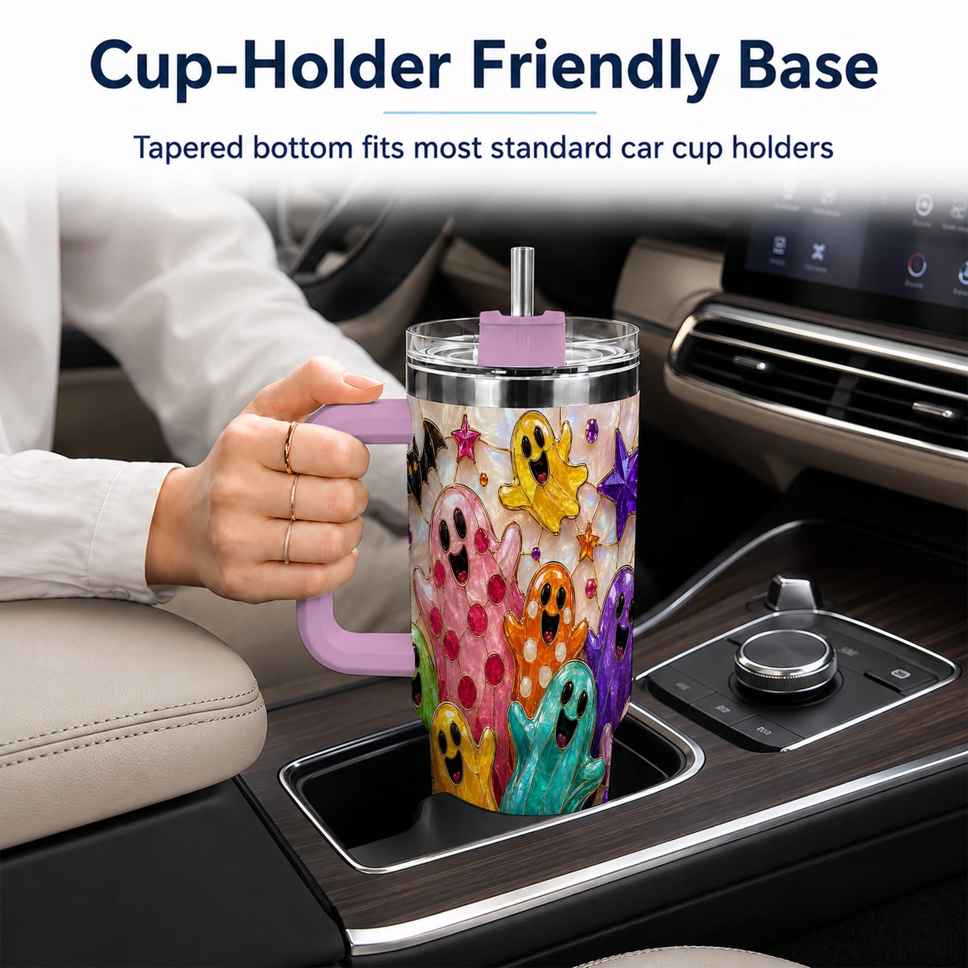 #pl[40oz|Pink] Cute Ghost 40oz Tumbler with Handle, Stainless Steel Travel Cup