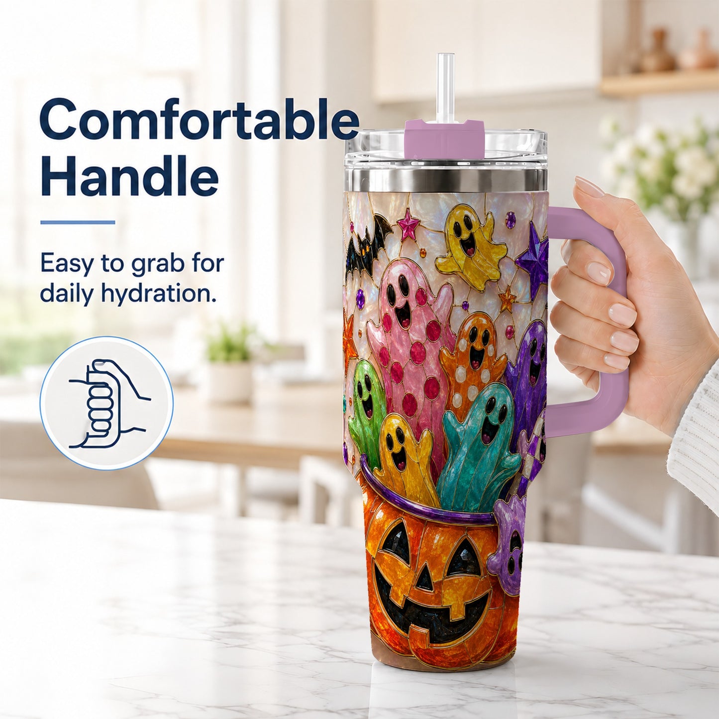 #pl[40oz|Pink] Cute Ghost 40oz Tumbler with Handle, Stainless Steel Travel Cup