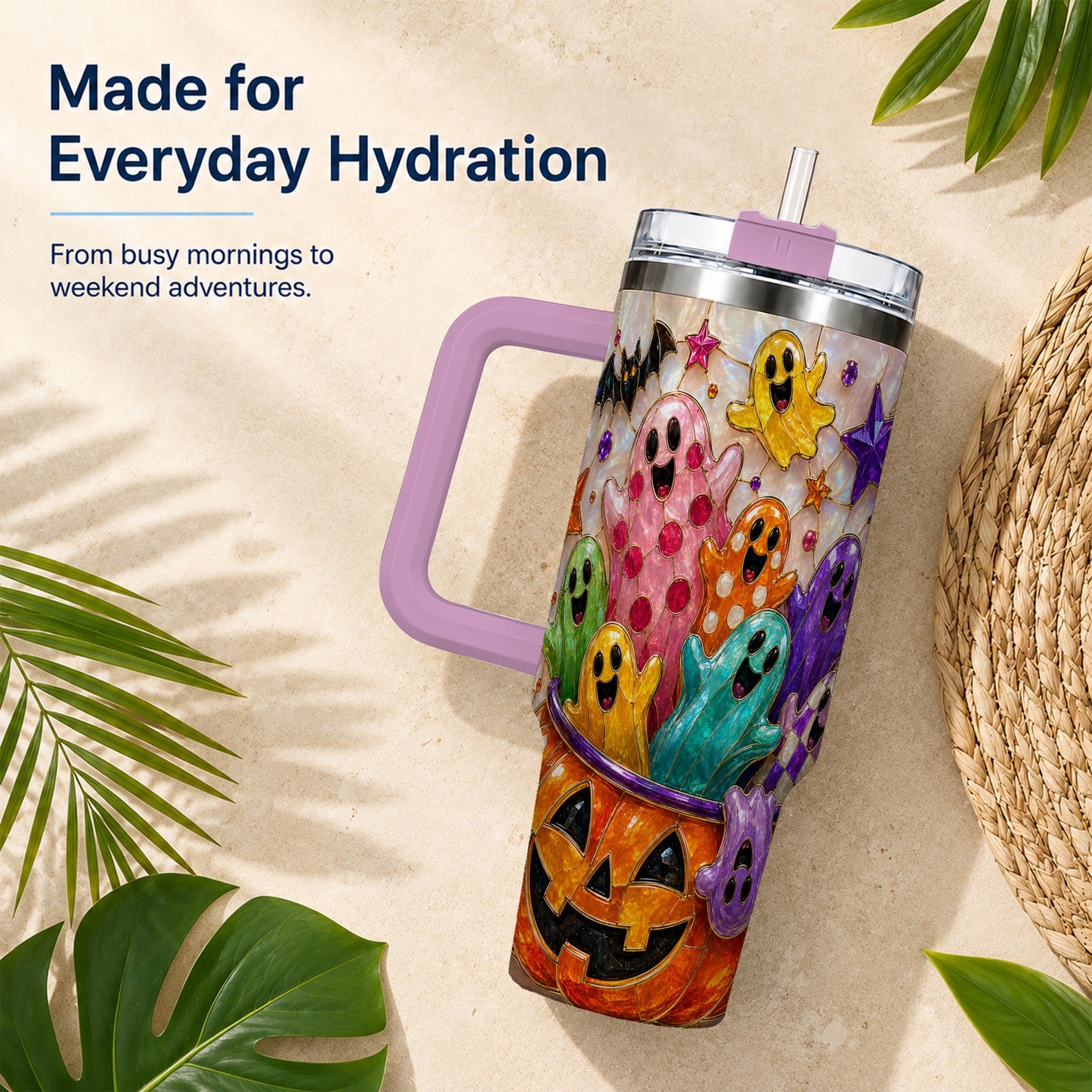 #pl[40oz|Pink] Cute Ghost 40oz Tumbler with Handle, Stainless Steel Travel Cup