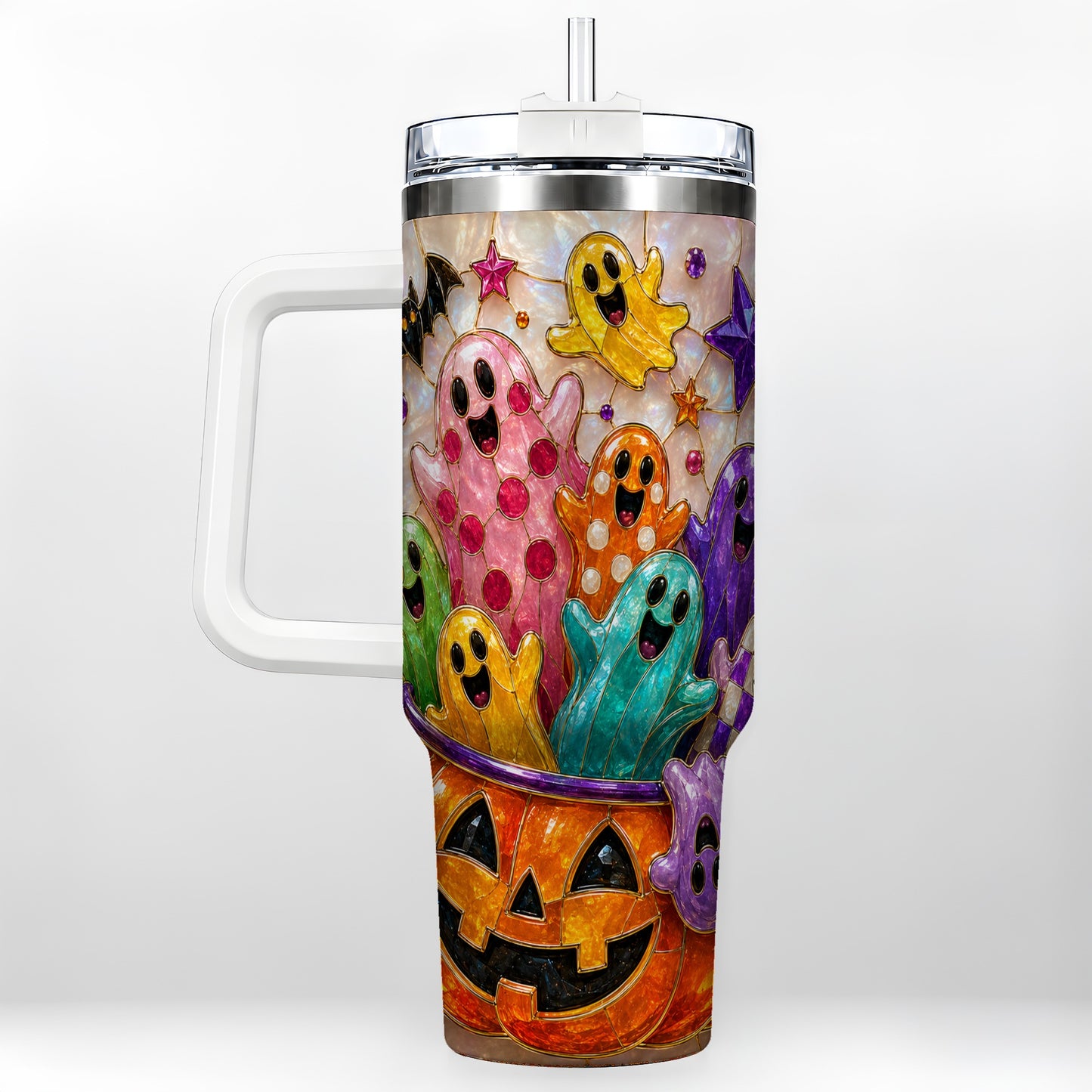 #pl[40oz|White] Cute Ghost 40oz Tumbler with Handle, Stainless Steel Travel Cup