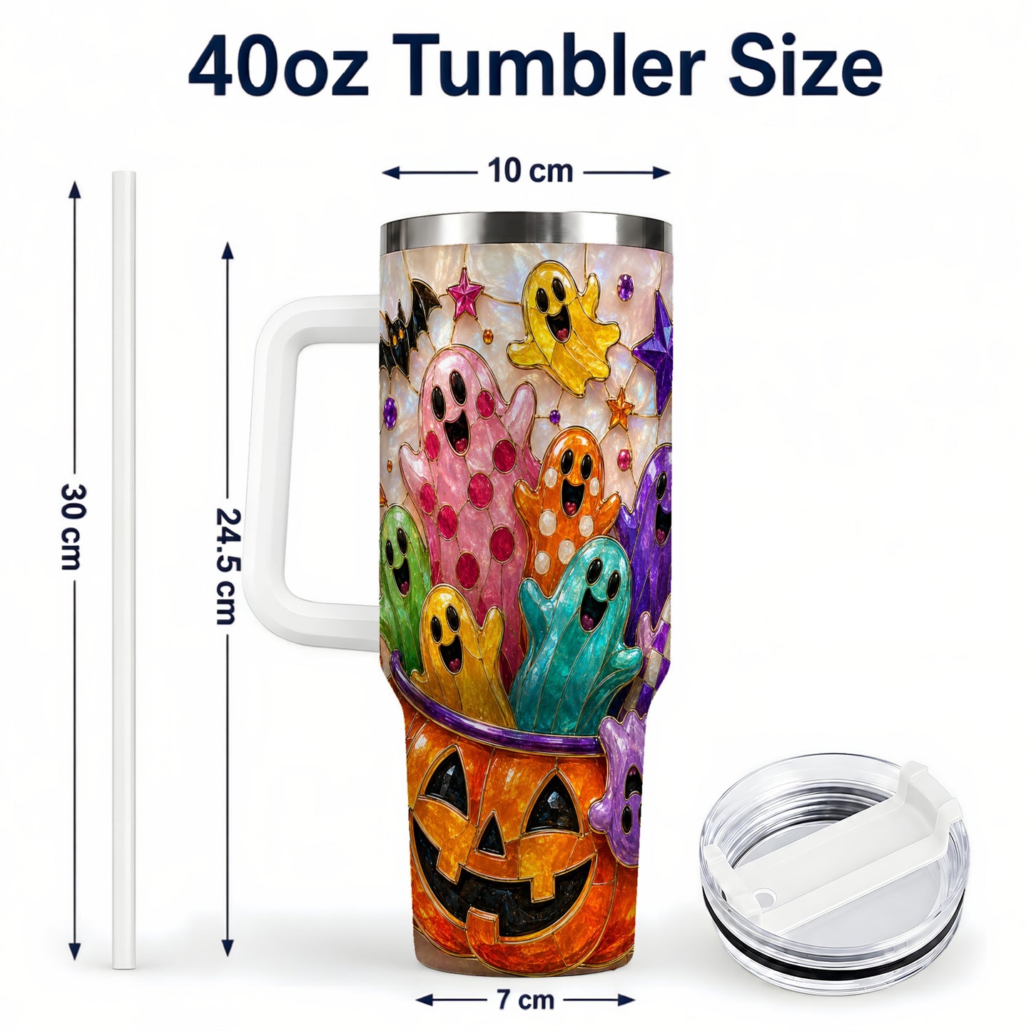 #pl[40oz|White] Cute Ghost 40oz Tumbler with Handle, Stainless Steel Travel Cup