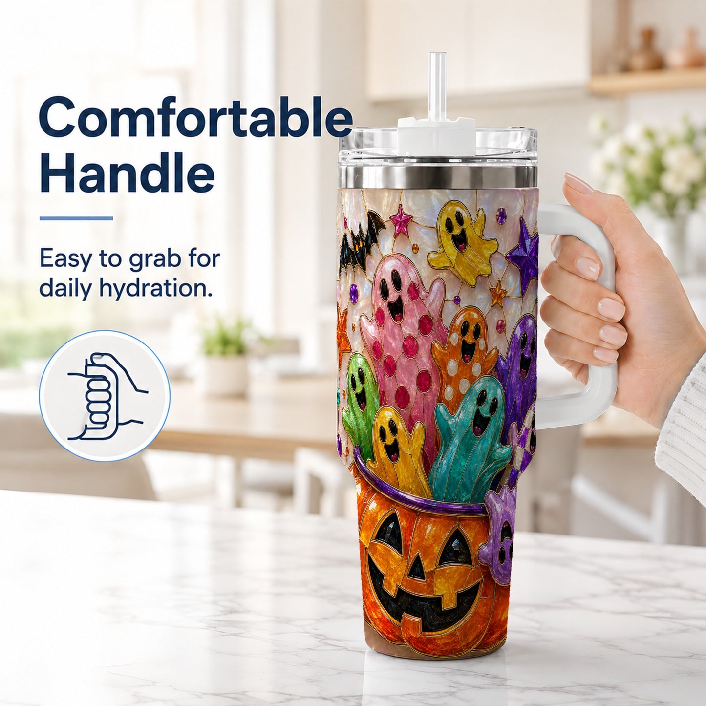 #pl[40oz|White] Cute Ghost 40oz Tumbler with Handle, Stainless Steel Travel Cup