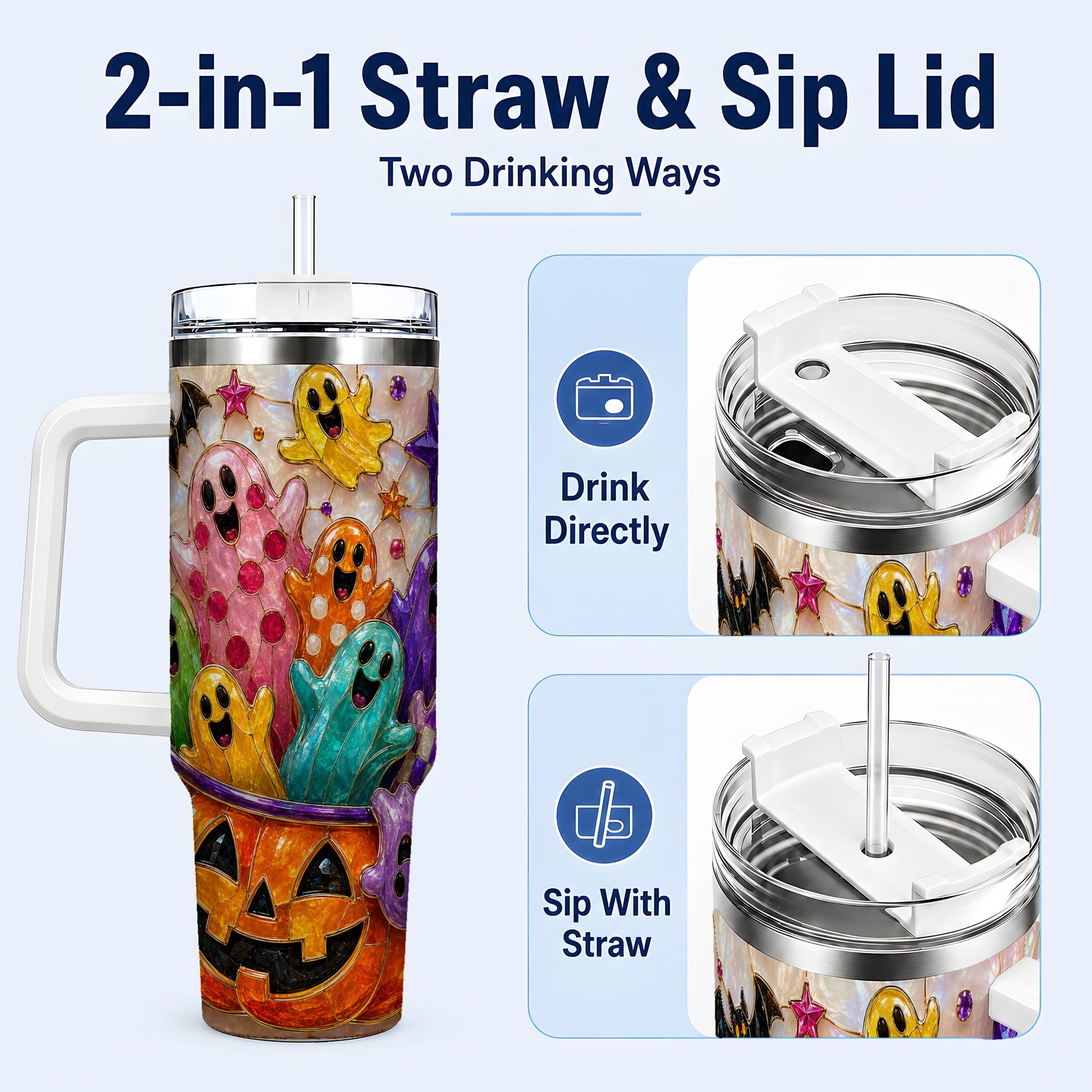 #pl[40oz|White] Cute Ghost 40oz Tumbler with Handle, Stainless Steel Travel Cup