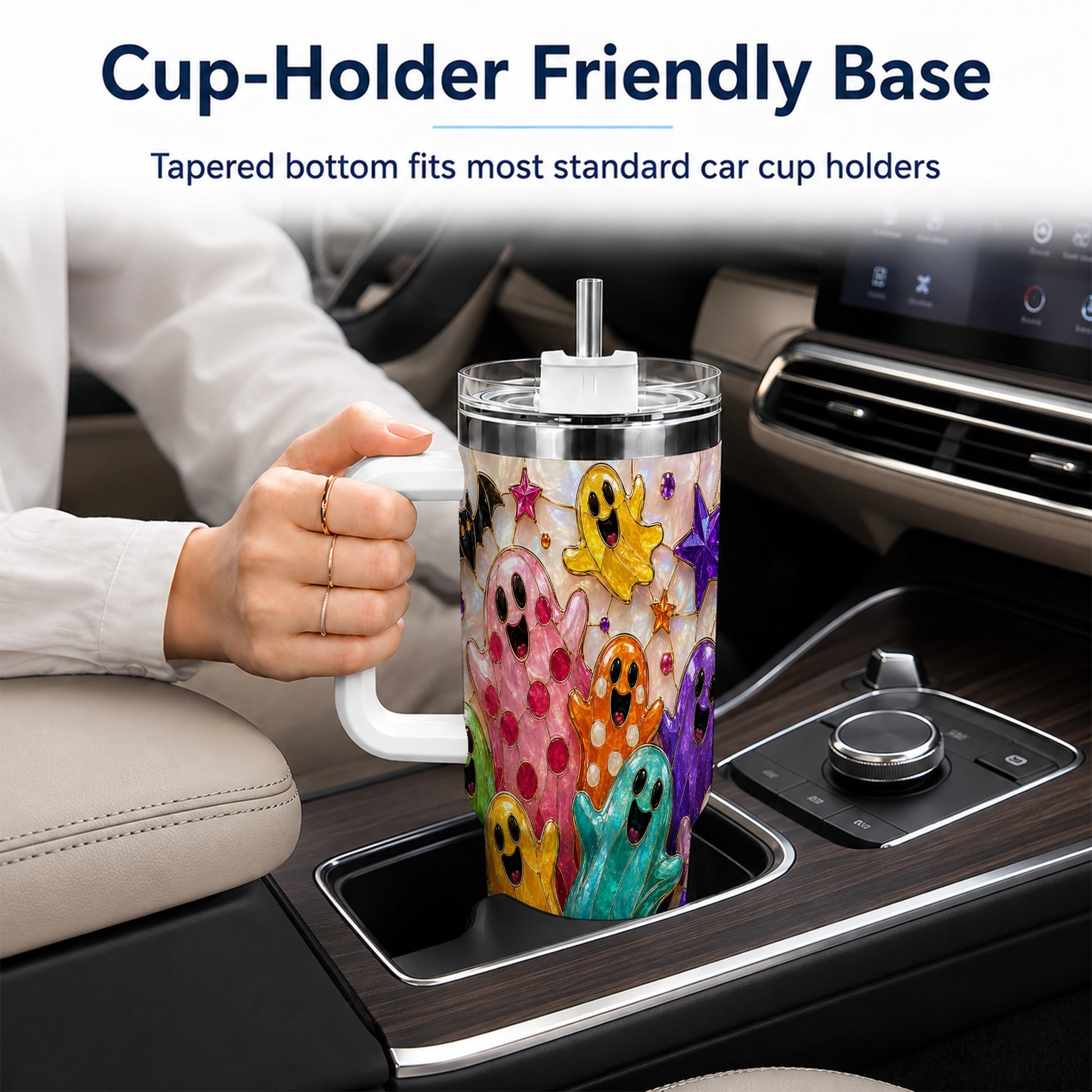 #pl[40oz|White] Cute Ghost 40oz Tumbler with Handle, Stainless Steel Travel Cup