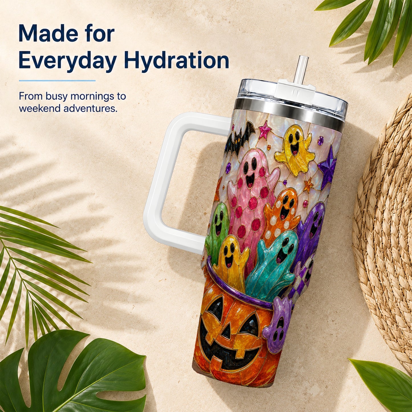 #pl[40oz|White] Cute Ghost 40oz Tumbler with Handle, Stainless Steel Travel Cup
