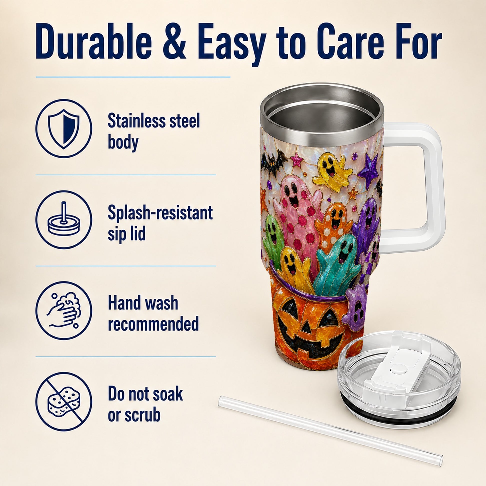 #pl[40oz|White] Cute Ghost 40oz Tumbler with Handle, Stainless Steel Travel Cup