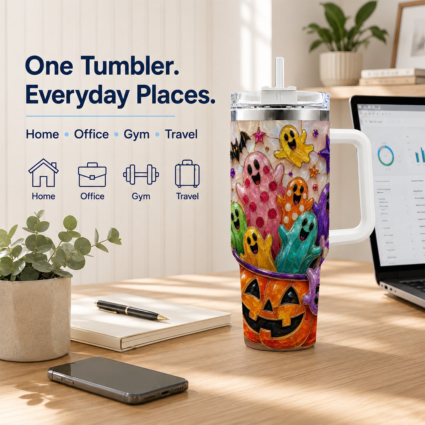 #pl[40oz|White] Cute Ghost 40oz Tumbler with Handle, Stainless Steel Travel Cup