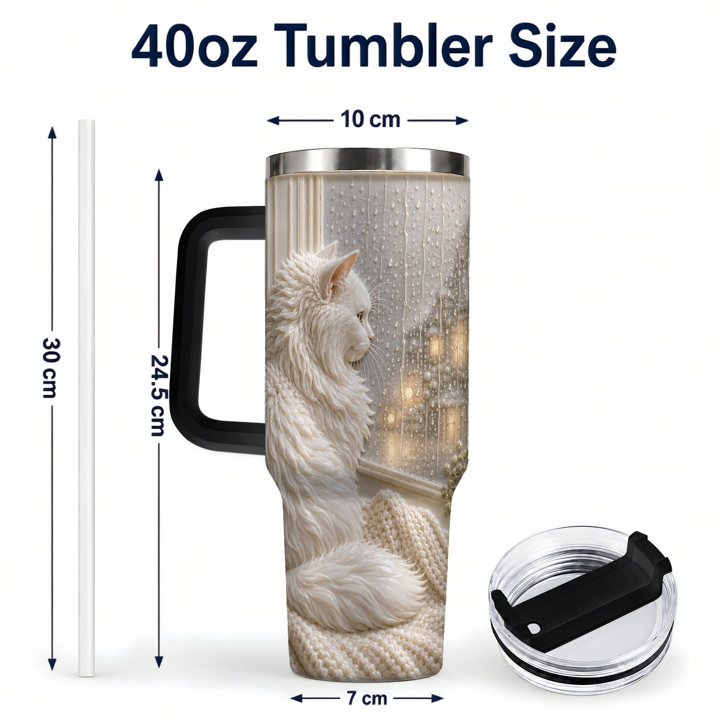 #pl[40oz|Black] Rainy Window Cat 40oz Tumbler with Handle, Stainless Steel Travel Cup