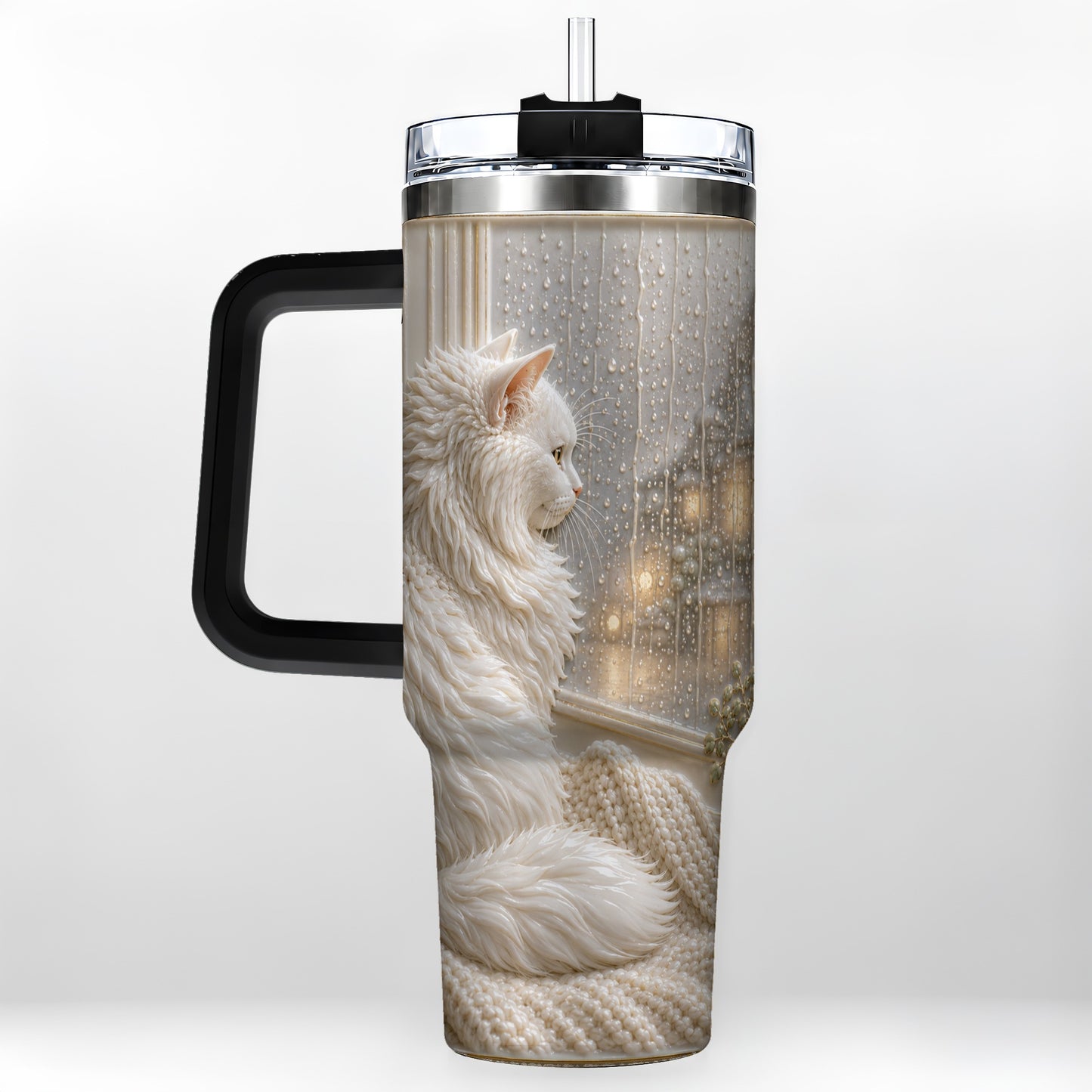 #pl[40oz|Black] Rainy Window Cat 40oz Tumbler with Handle, Stainless Steel Travel Cup