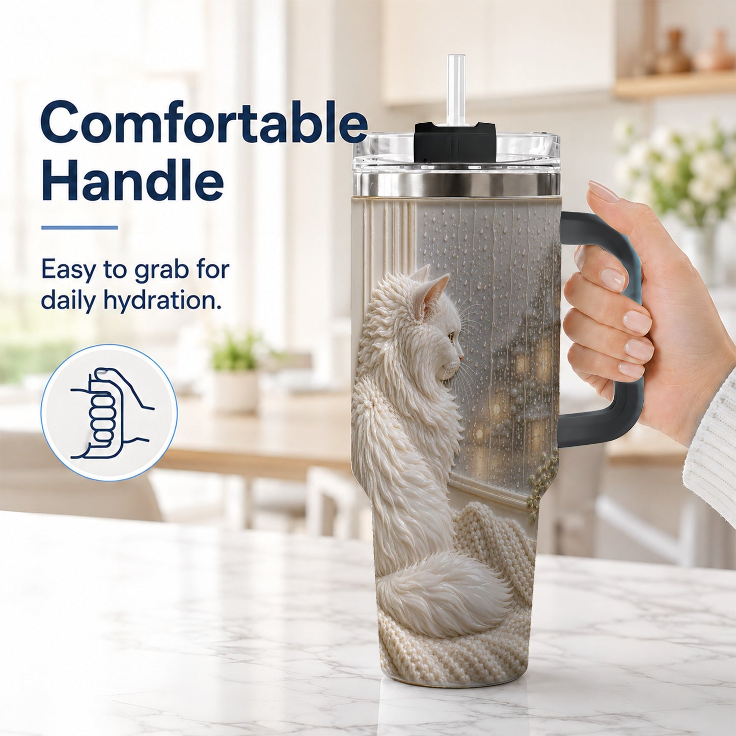 #pl[40oz|Black] Rainy Window Cat 40oz Tumbler with Handle, Stainless Steel Travel Cup