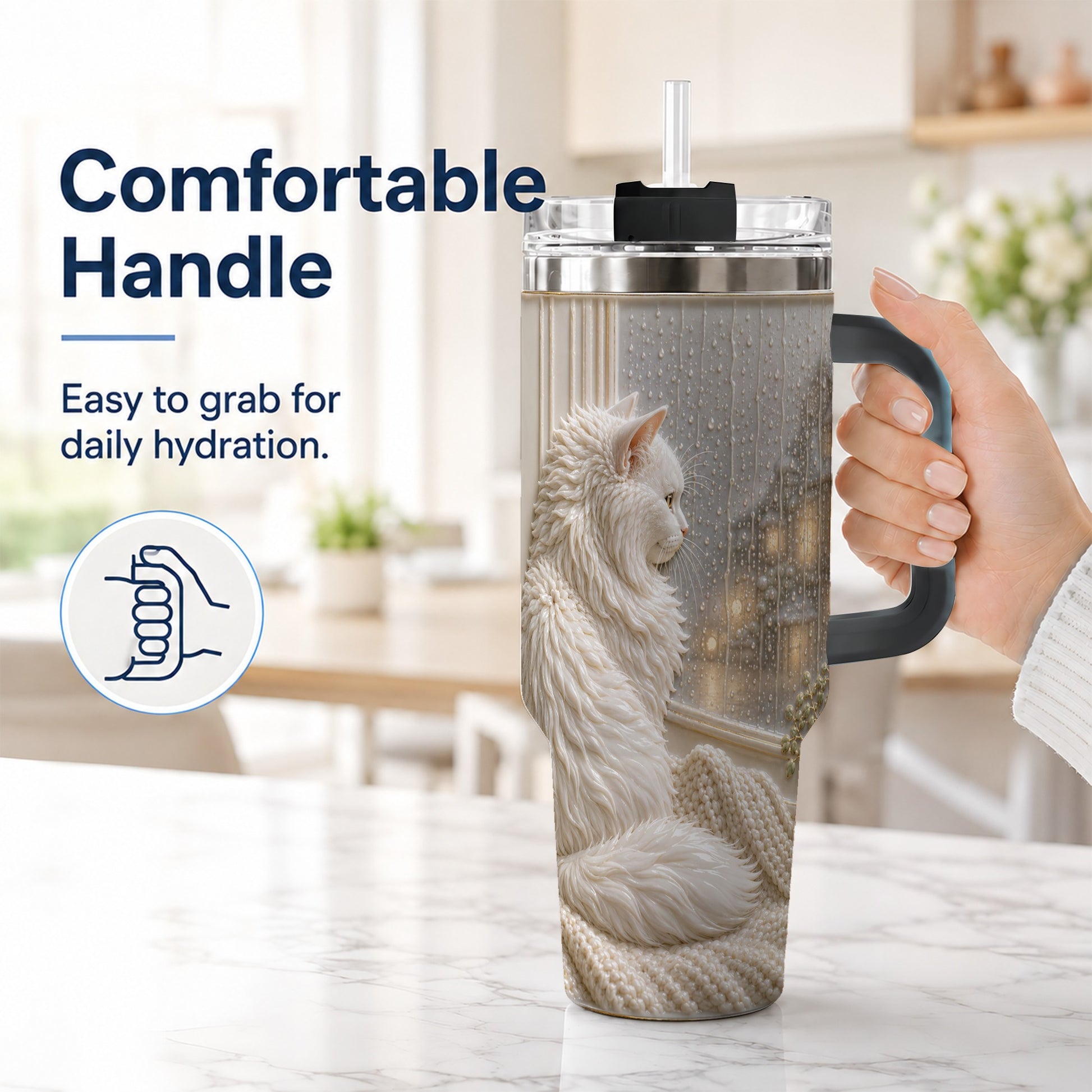 #pl[40oz|Black] Rainy Window Cat 40oz Tumbler with Handle, Stainless Steel Travel Cup