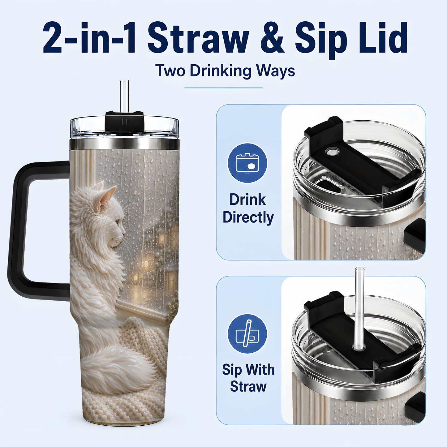 #pl[40oz|Black] Rainy Window Cat 40oz Tumbler with Handle, Stainless Steel Travel Cup