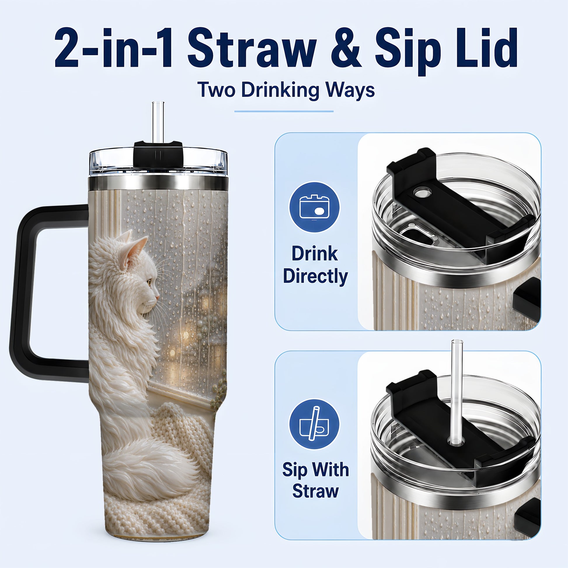 #pl[40oz|Black] Rainy Window Cat 40oz Tumbler with Handle, Stainless Steel Travel Cup