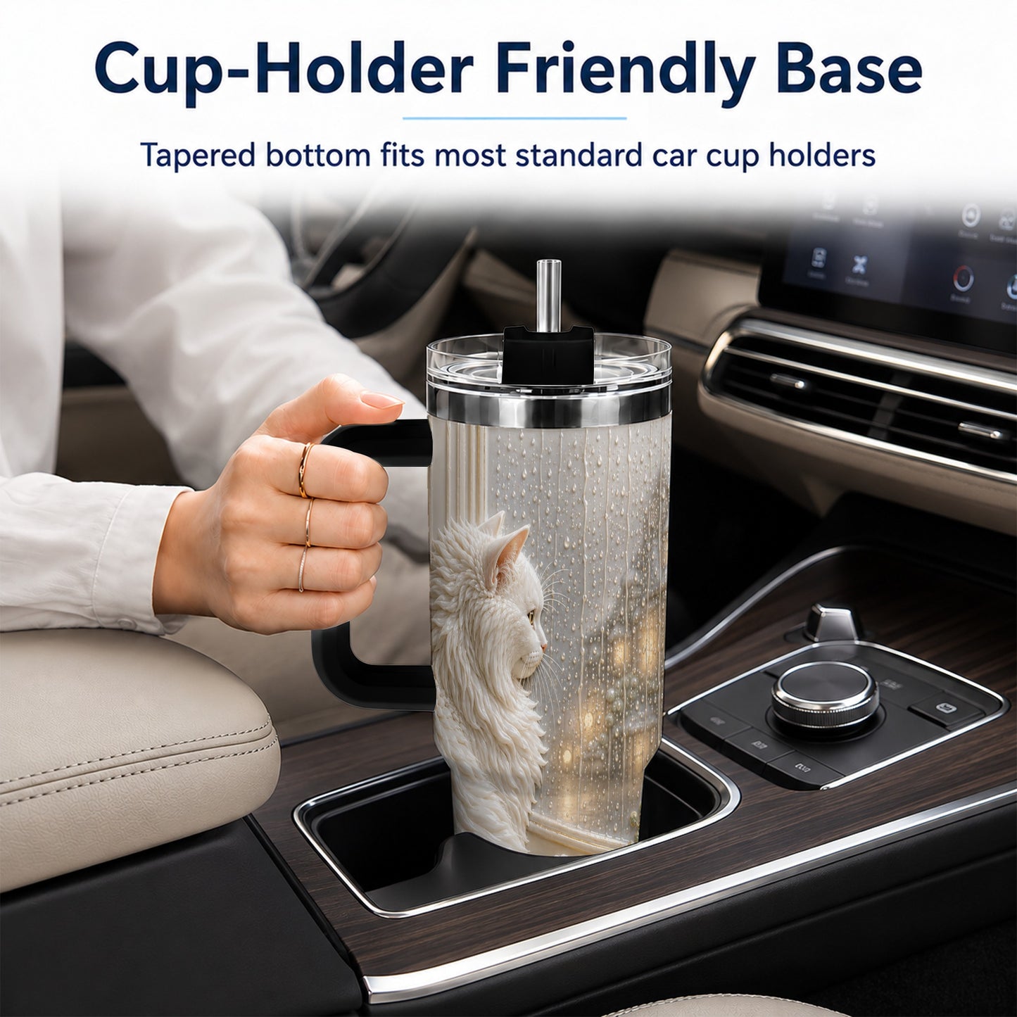 #pl[40oz|Black] Rainy Window Cat 40oz Tumbler with Handle, Stainless Steel Travel Cup