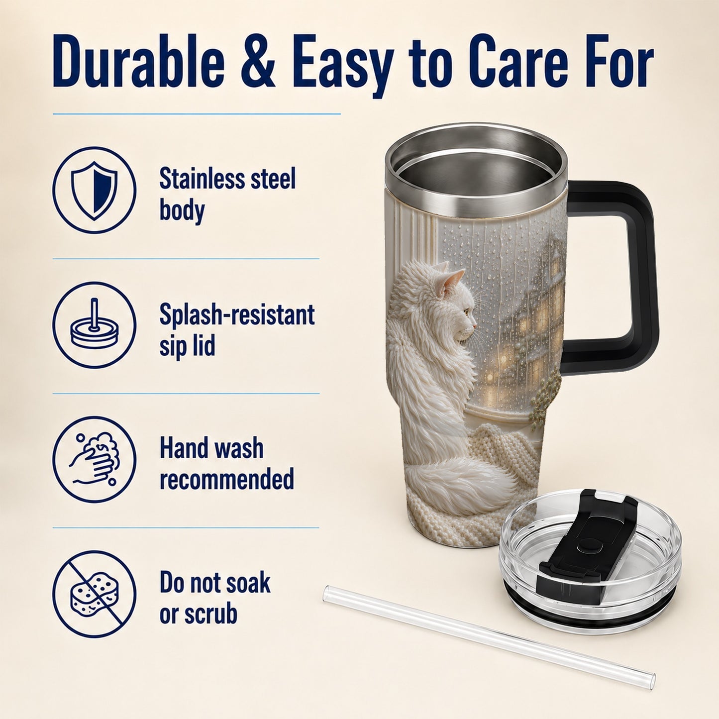 #pl[40oz|Black] Rainy Window Cat 40oz Tumbler with Handle, Stainless Steel Travel Cup