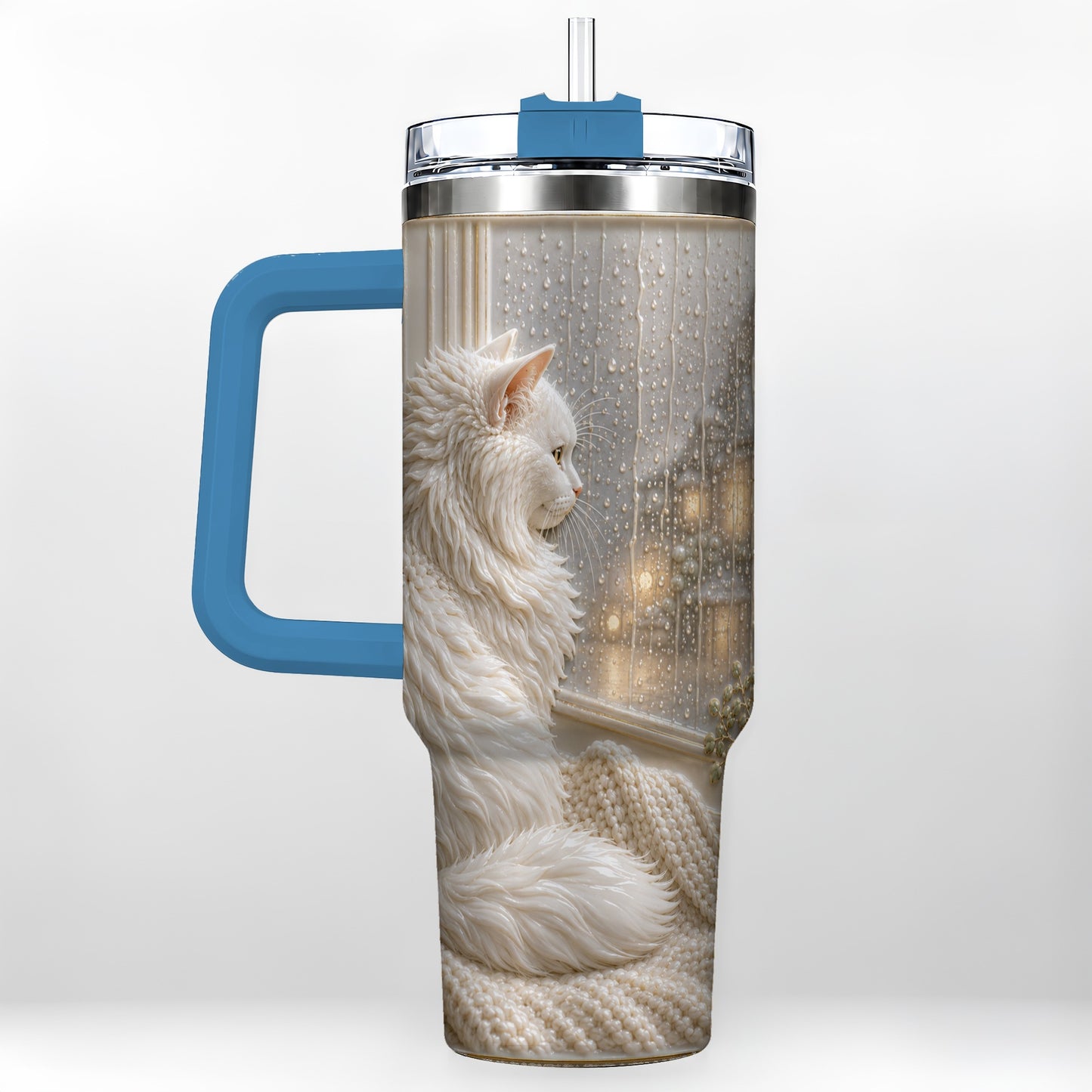 #pl[40oz|Blue] Rainy Window Cat 40oz Tumbler with Handle, Stainless Steel Travel Cup