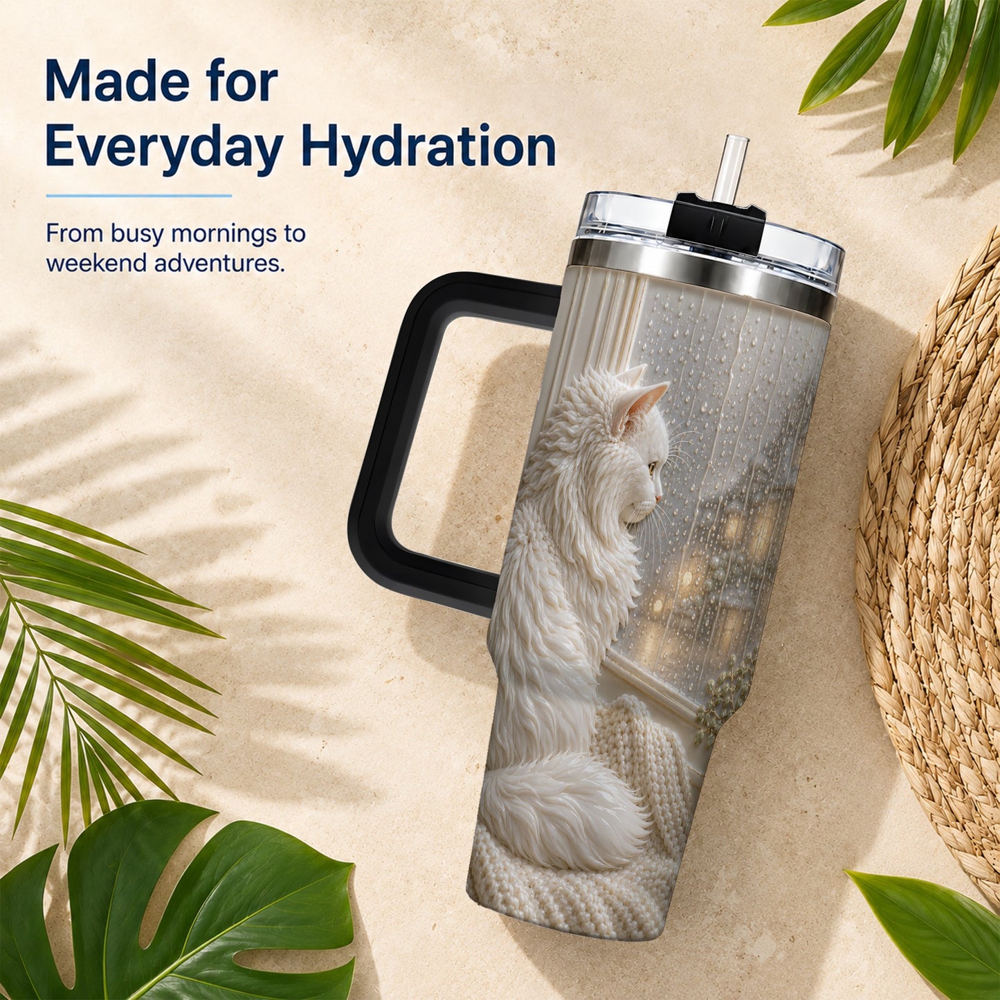 #pl[40oz|Black] Rainy Window Cat 40oz Tumbler with Handle, Stainless Steel Travel Cup