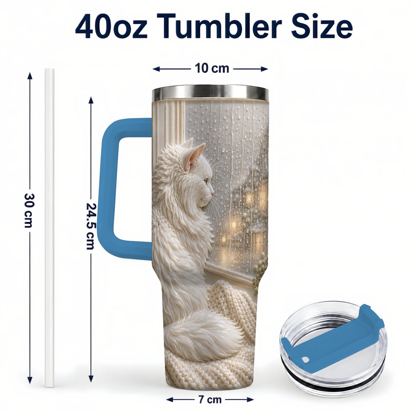 #pl[40oz|Blue] Rainy Window Cat 40oz Tumbler with Handle, Stainless Steel Travel Cup