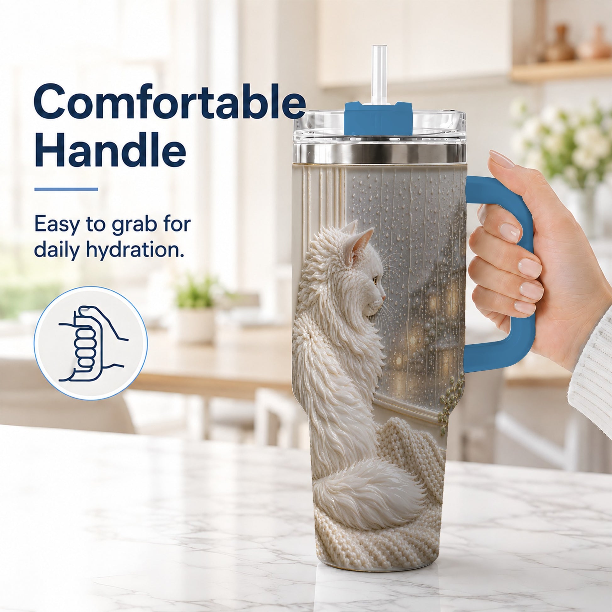 #pl[40oz|Blue] Rainy Window Cat 40oz Tumbler with Handle, Stainless Steel Travel Cup