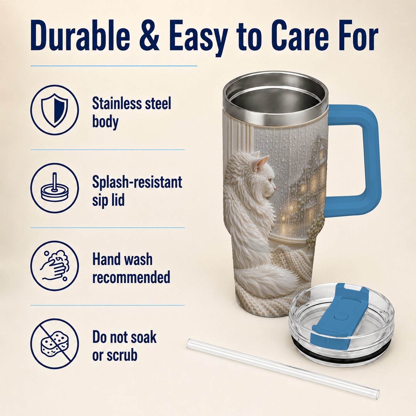 #pl[40oz|Blue] Rainy Window Cat 40oz Tumbler with Handle, Stainless Steel Travel Cup