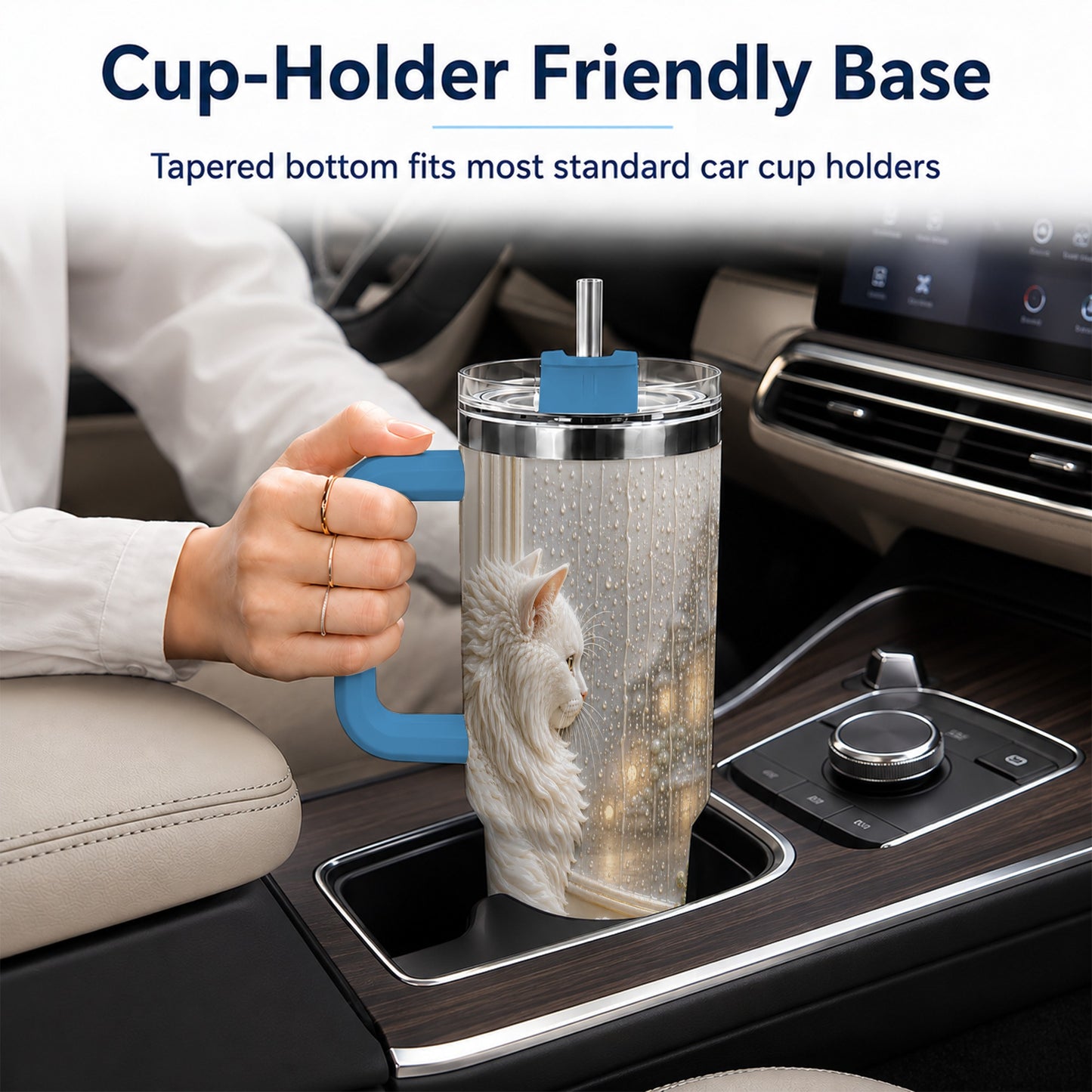 #pl[40oz|Blue] Rainy Window Cat 40oz Tumbler with Handle, Stainless Steel Travel Cup