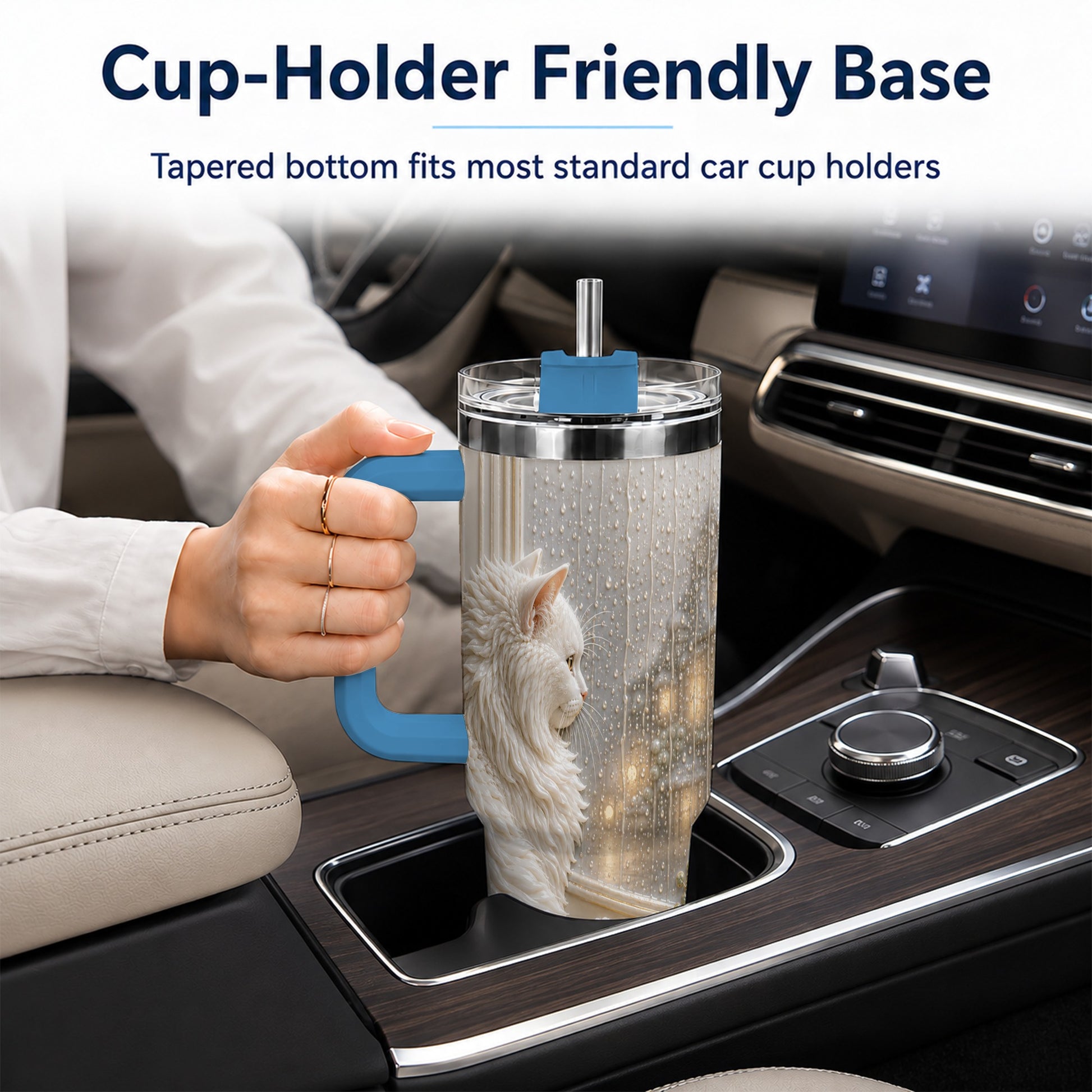 #pl[40oz|Blue] Rainy Window Cat 40oz Tumbler with Handle, Stainless Steel Travel Cup