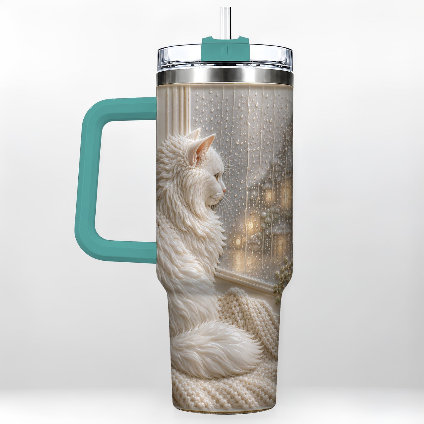 #pl[40oz|Green] Rainy Window Cat 40oz Tumbler with Handle, Stainless Steel Travel Cup