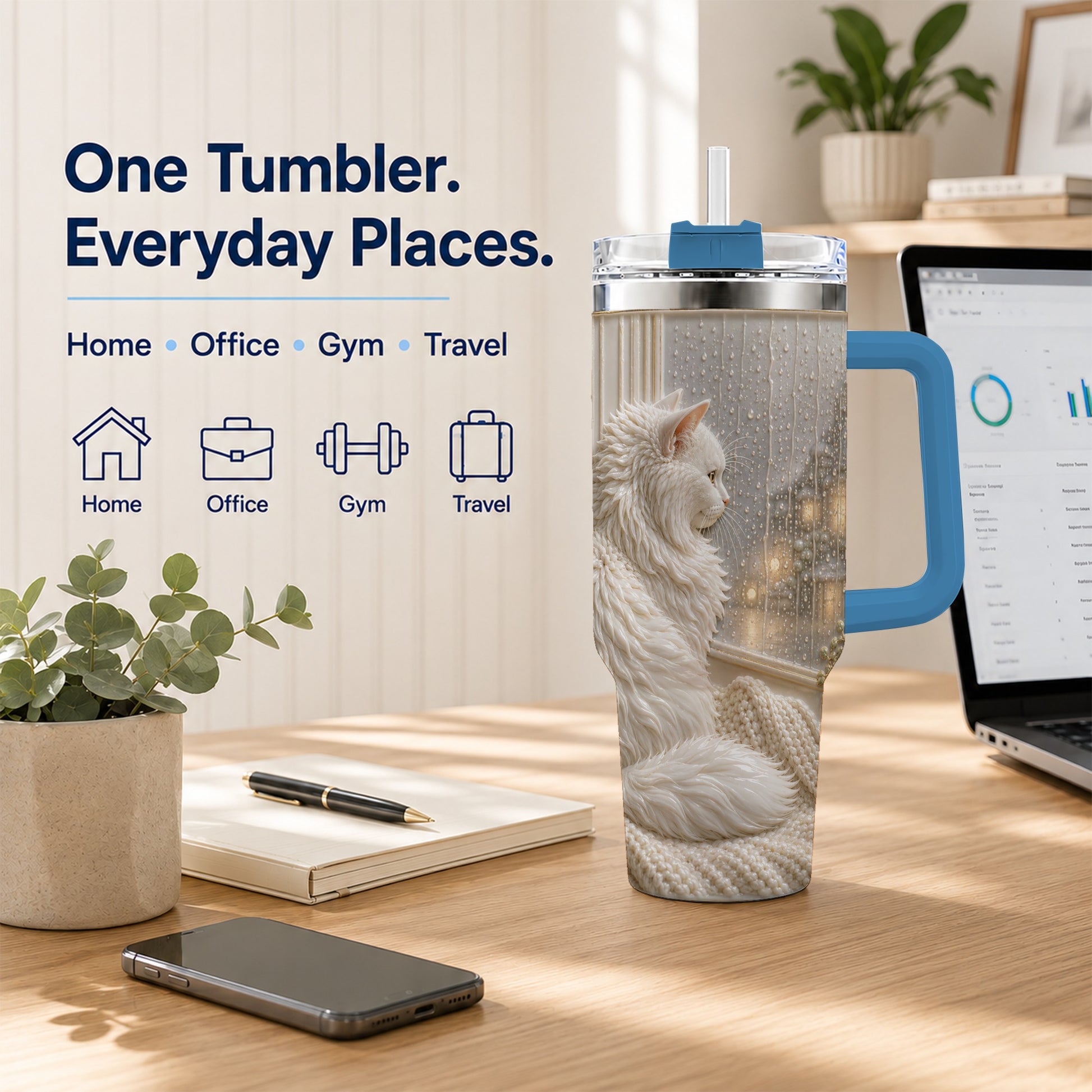 #pl[40oz|Blue] Rainy Window Cat 40oz Tumbler with Handle, Stainless Steel Travel Cup