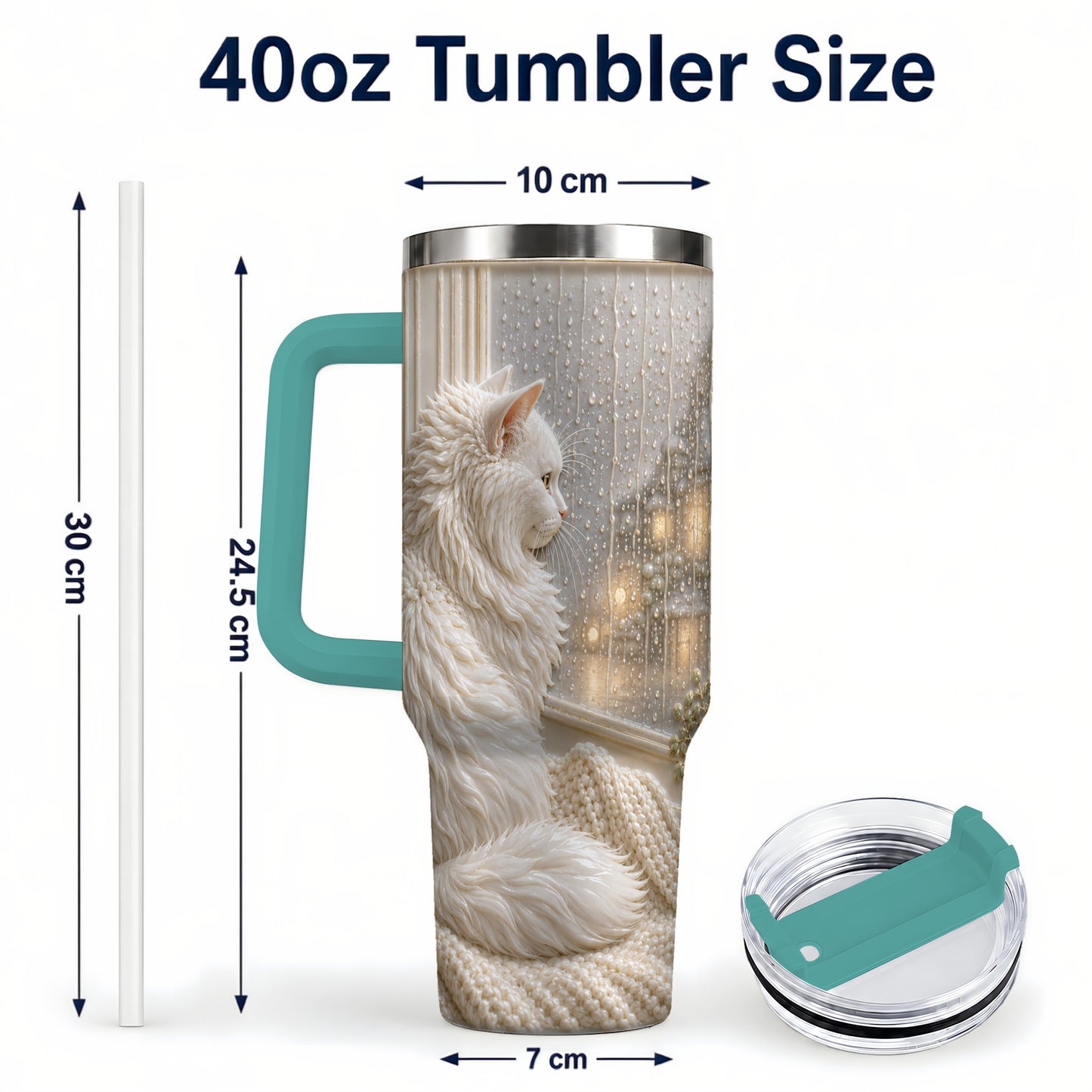 #pl[40oz|Green] Rainy Window Cat 40oz Tumbler with Handle, Stainless Steel Travel Cup