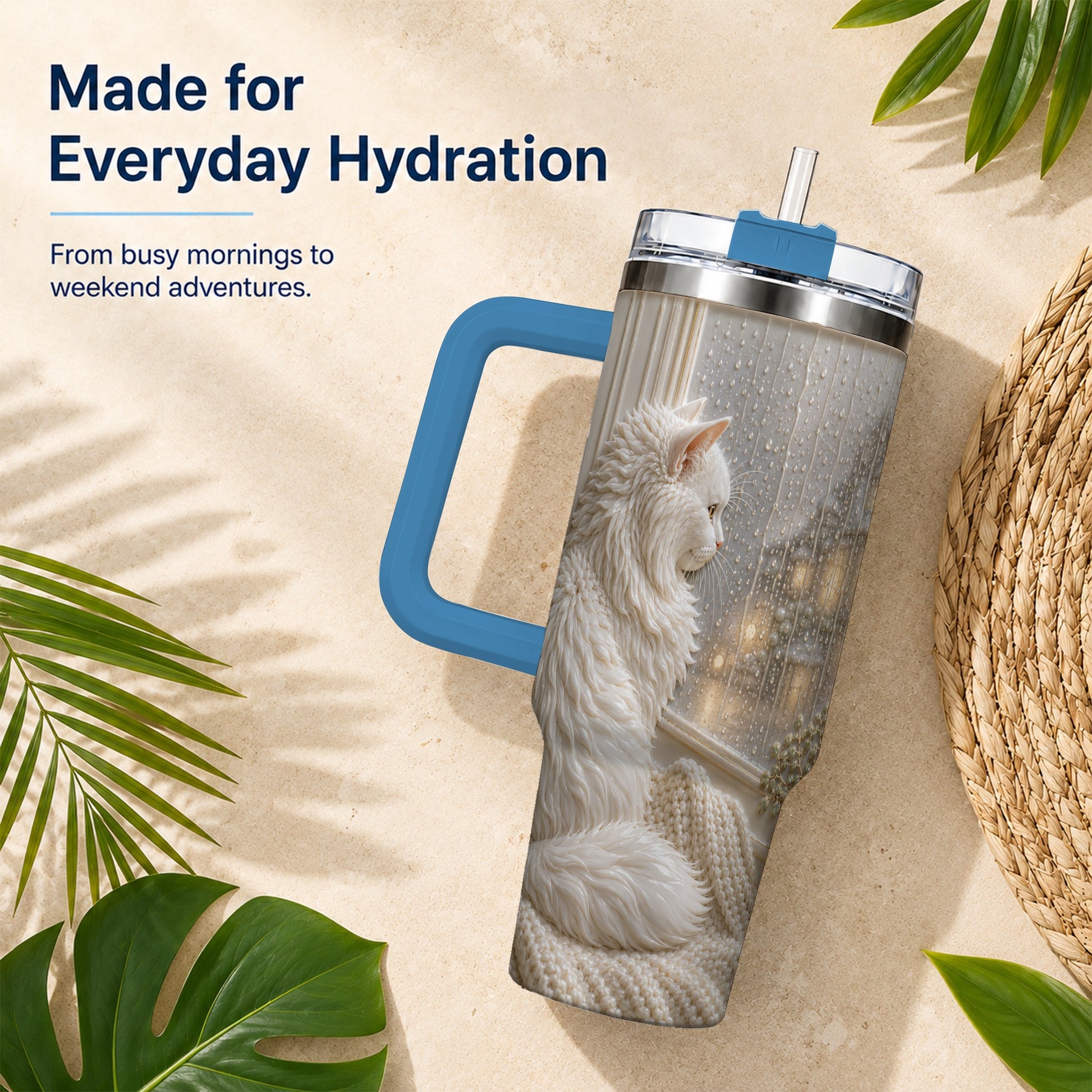 #pl[40oz|Blue] Rainy Window Cat 40oz Tumbler with Handle, Stainless Steel Travel Cup