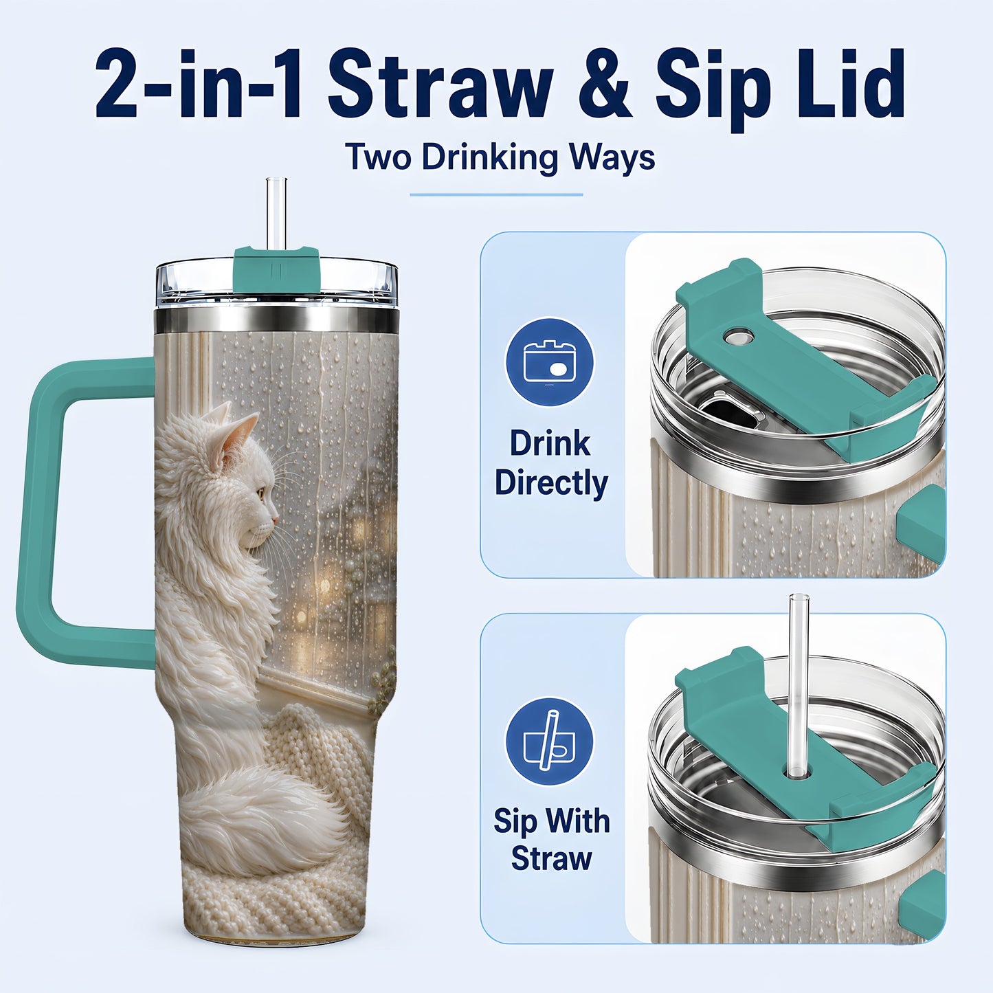 #pl[40oz|Green] Rainy Window Cat 40oz Tumbler with Handle, Stainless Steel Travel Cup