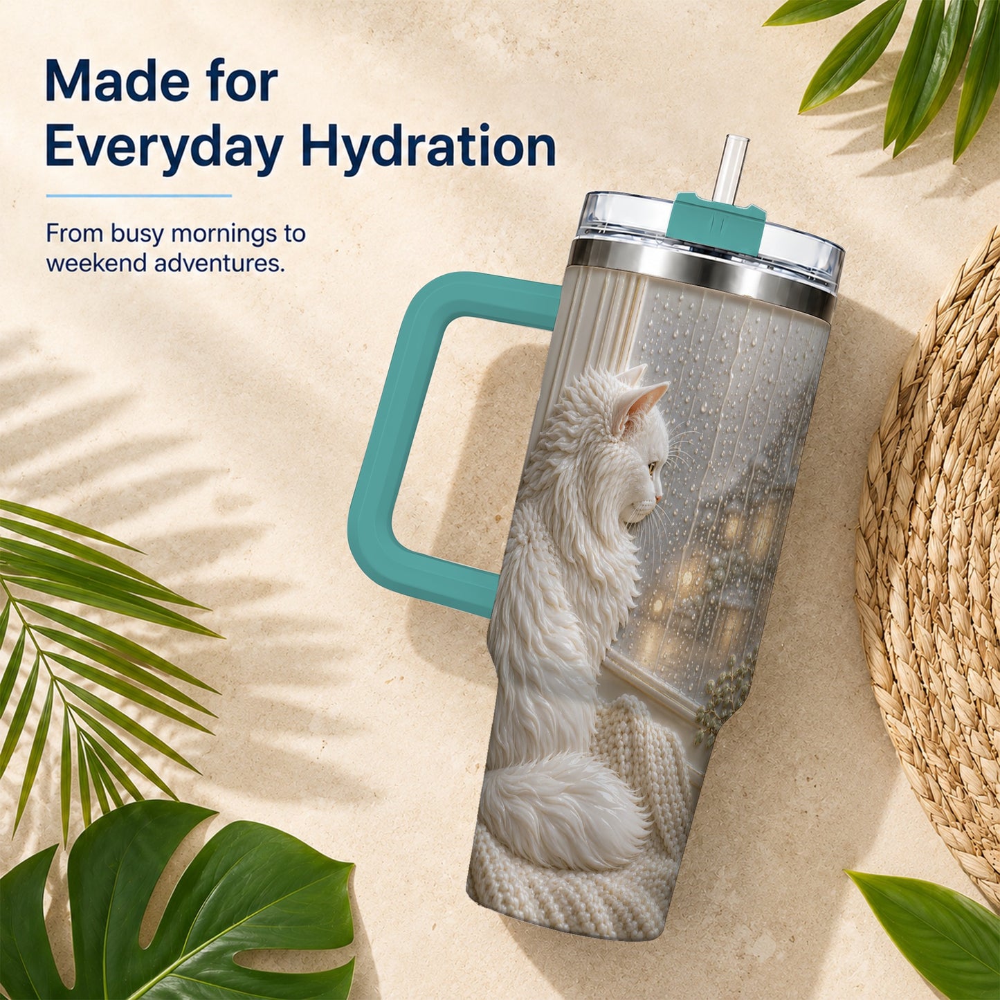 #pl[40oz|Green] Rainy Window Cat 40oz Tumbler with Handle, Stainless Steel Travel Cup